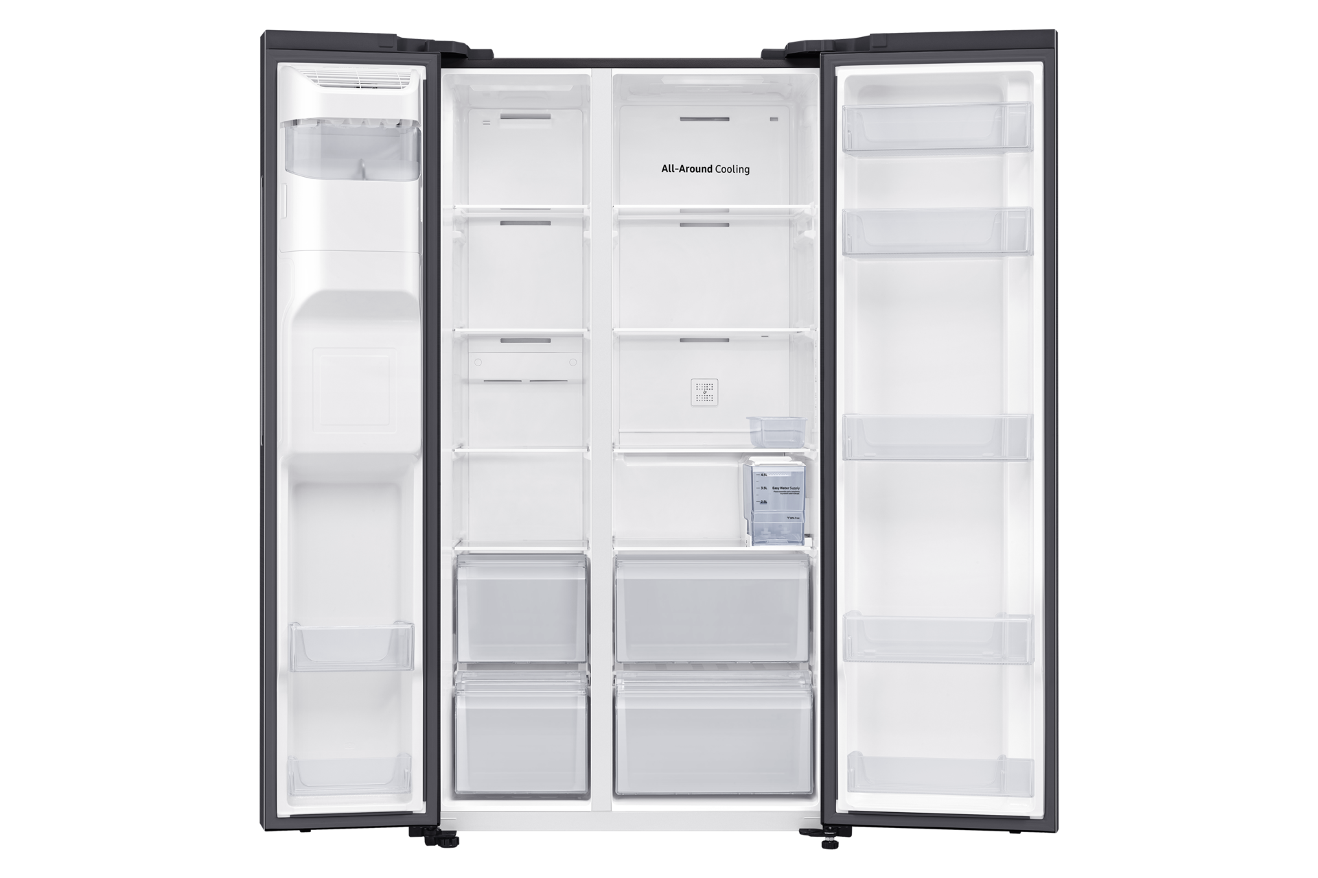 Offener, leerer Kühlschrank mit Regalen und Schubladen.