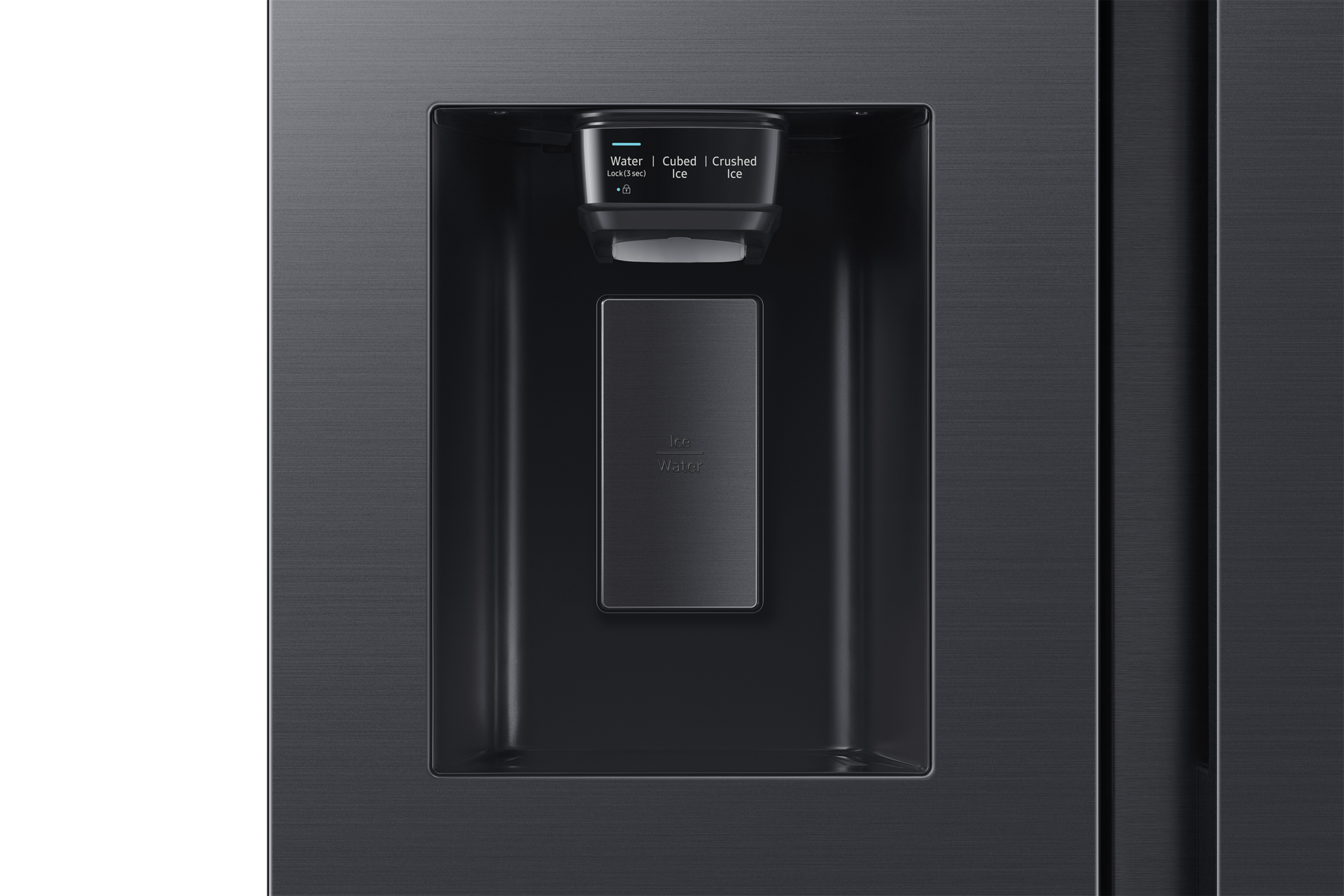 Schwarzer Kühlschrank mit Wasser- und Eisspender.