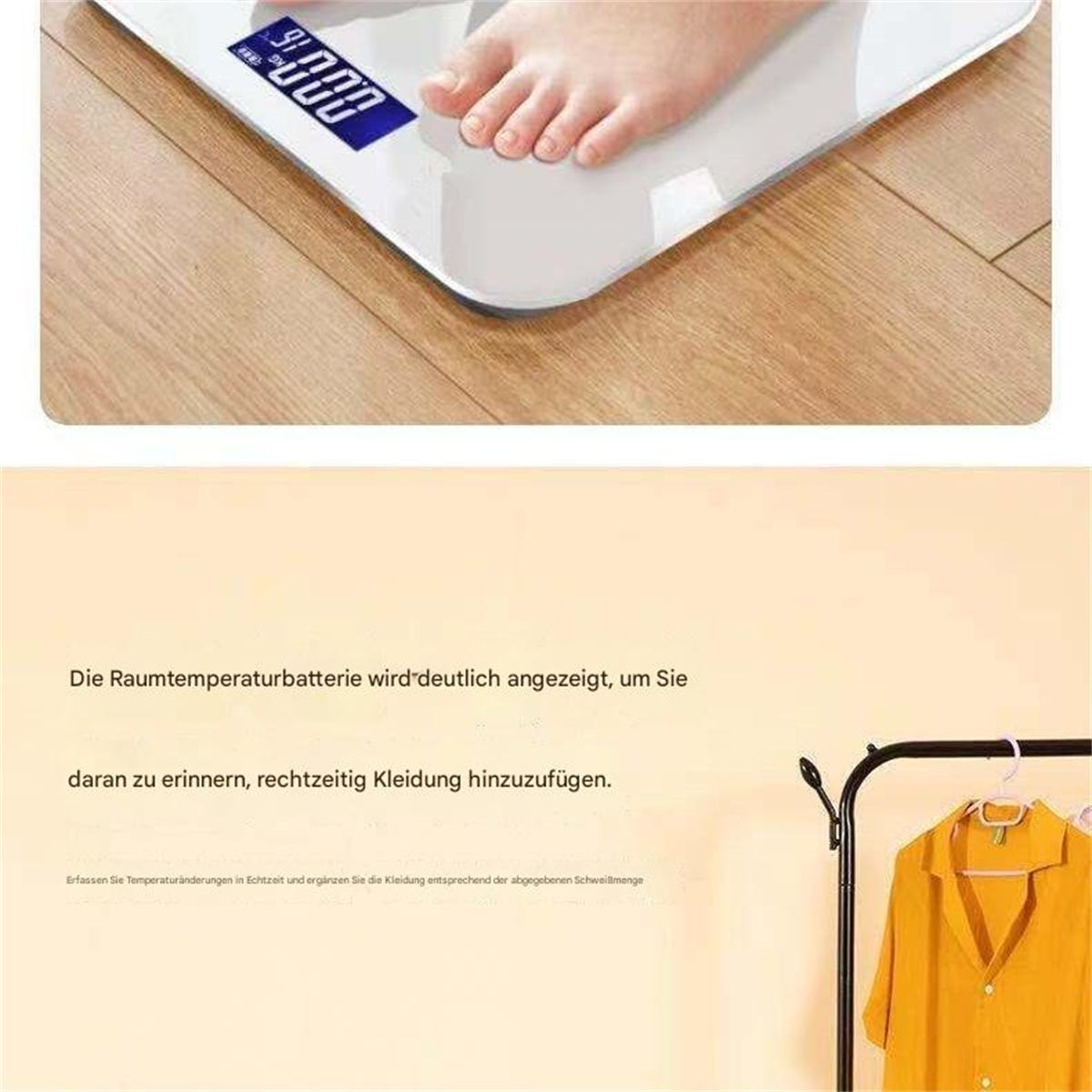 Ein Fuß auf einer Digitalwaage, die ein Gewicht anzeigt, mit einem gelben Hemd im Hintergrund.