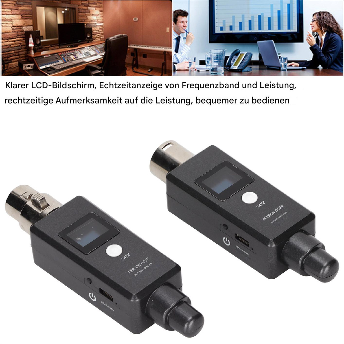 Zwei schwarze, drahtlose Audiosender mit Bildschirmen werden auf weißem Hintergrund gezeigt.