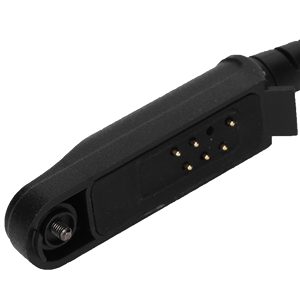 Schwarzer Ladekabelstecker mit Pins. Er hat eine Schraube und einen schwarzen Körper.