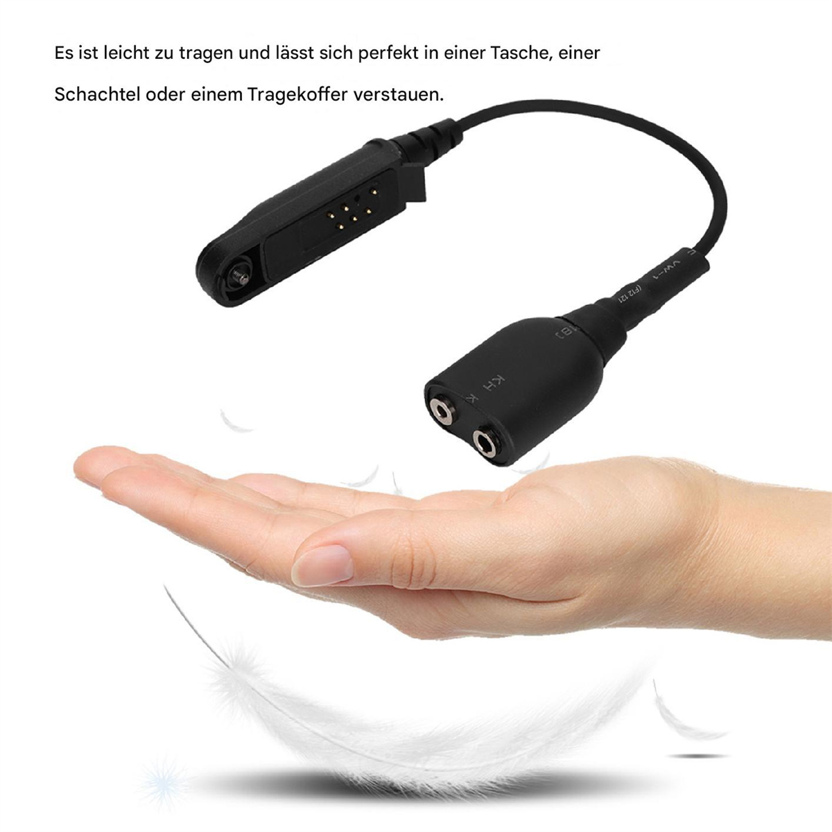 Zwei schwarze Stecker mit zwei Pins, gehalten von einer Hand mit Federn.