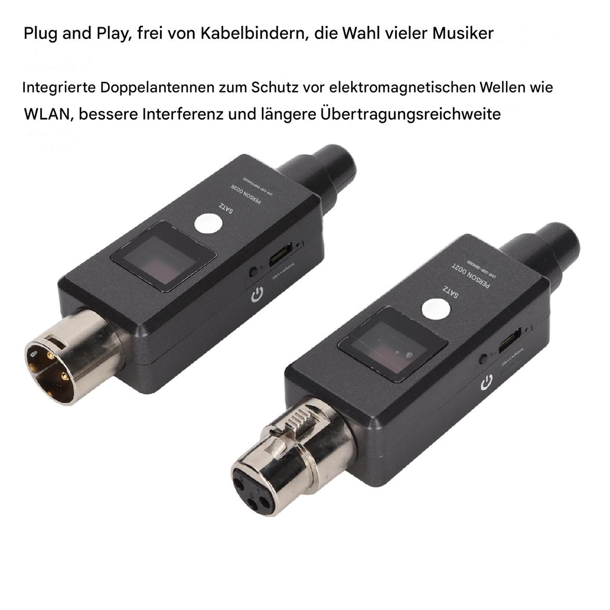 Zwei schwarze drahtlose Mikrofone mit Anschlüssen. Text: Plug and Play, die Wahl vieler Musiker.