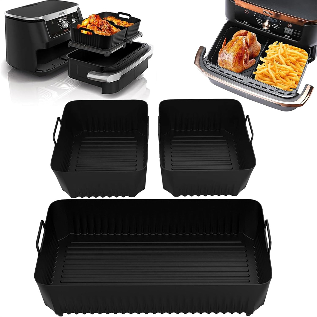 Mehrere Airfryer-Körbe und ein ganzer Airfryer in verschiedenen Positionen.