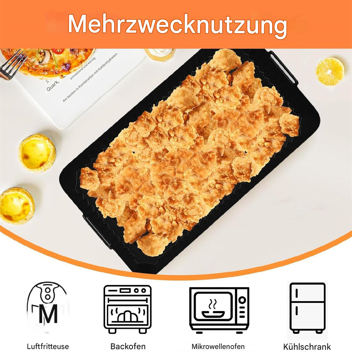 Essen auf einem Tablett mit Abbildungen von Geräten wie Mikrowelle und Ofen.