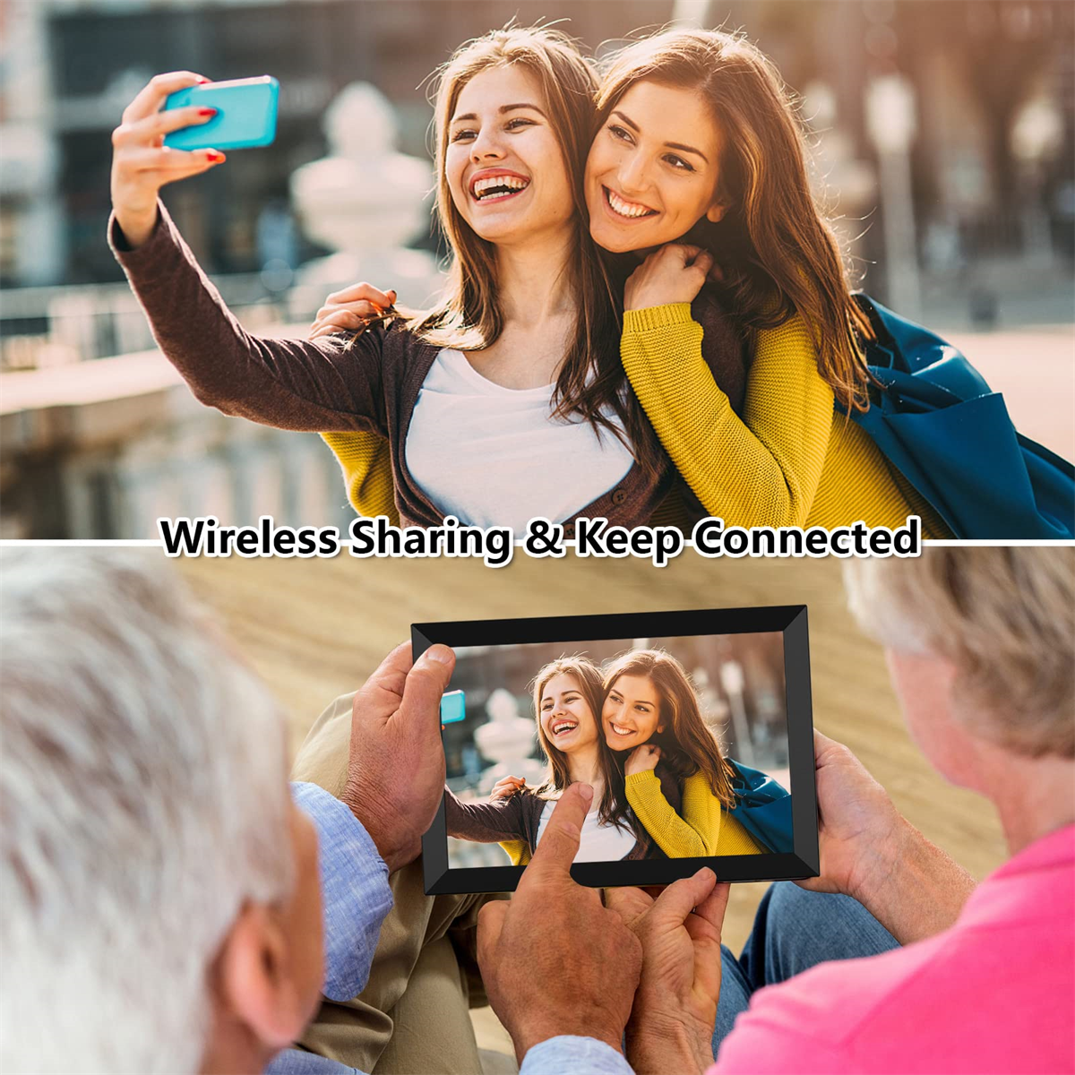 Zwei Frauen lächeln und machen ein Selfie. Unten zeigt ein Fotorahmen dasselbe Bild.