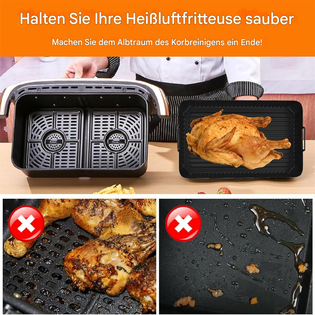 Heißluftfritteuse mit zwei Körben und einem Kochblech. Bilder zeigen saubere vs. schmutzige Fritteuse.