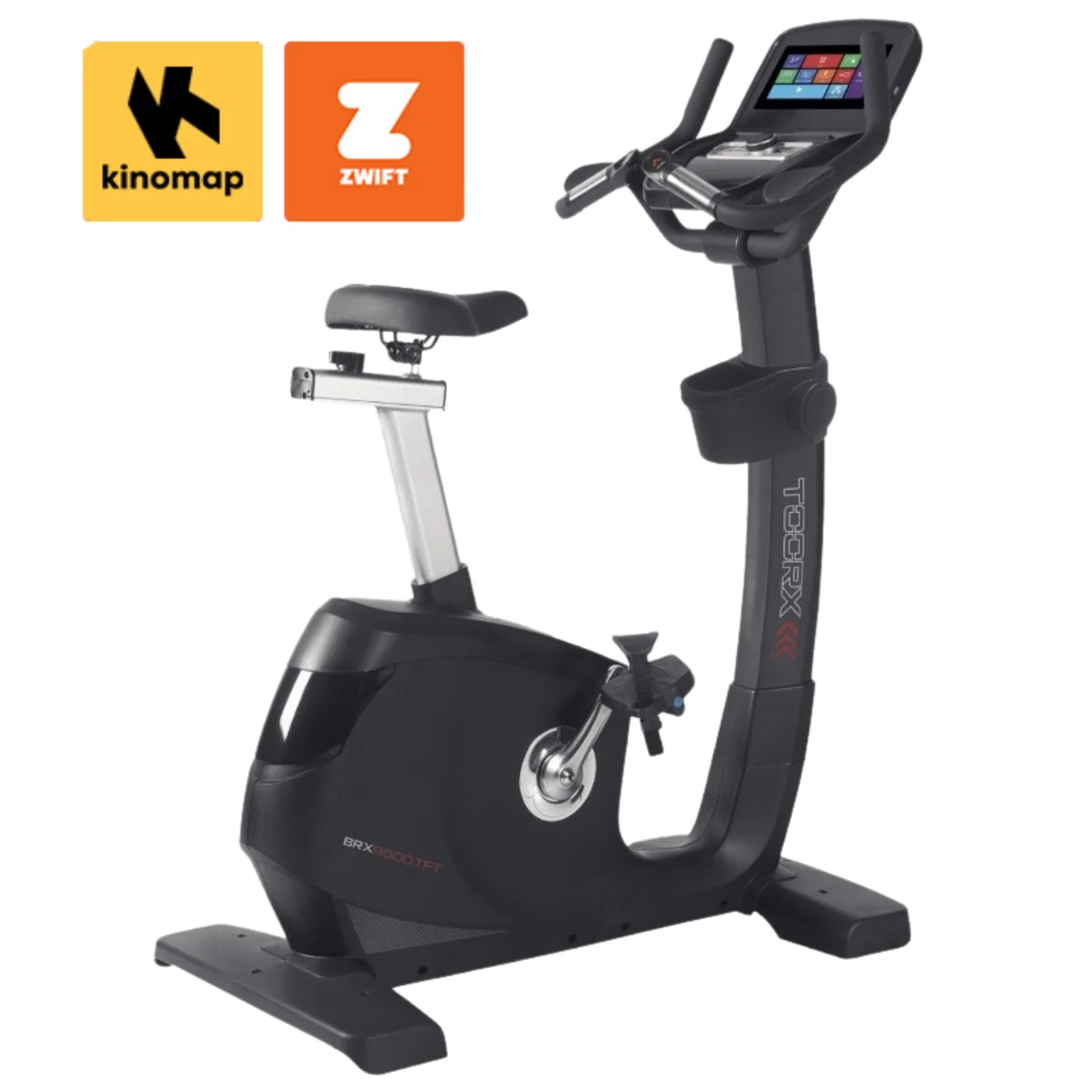 Vélo d'exercice noir avec affichage numérique et panier. Le vélo a les logos Kinomap et Zwift.