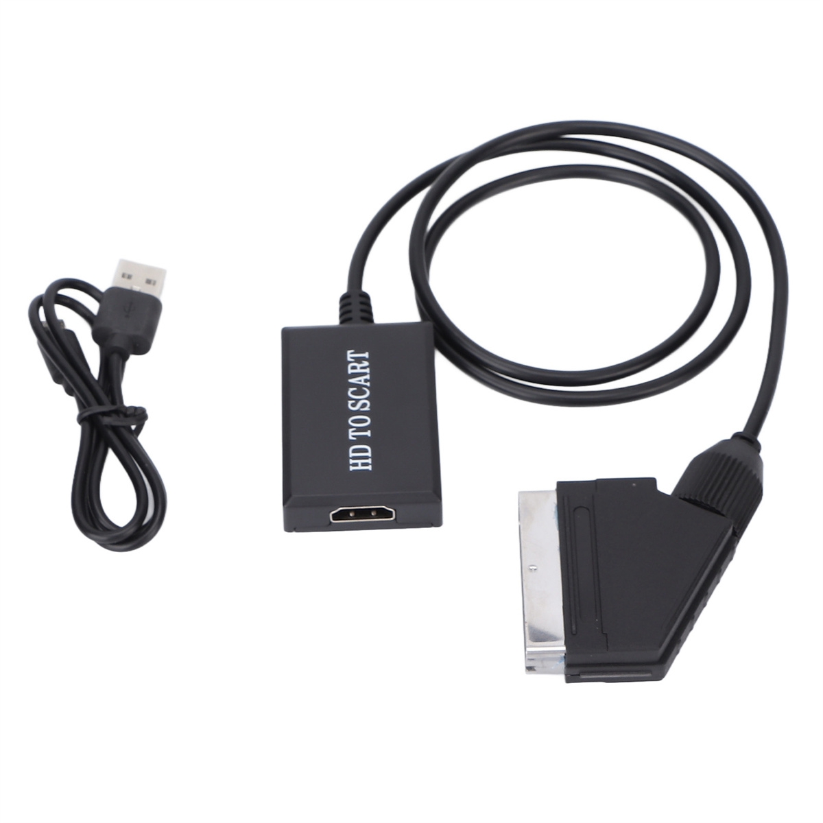 Ein HD-zu-SCART-Adapter mit einem USB-Kabel und einem SCART-Anschluss. Schwarze Farbe.