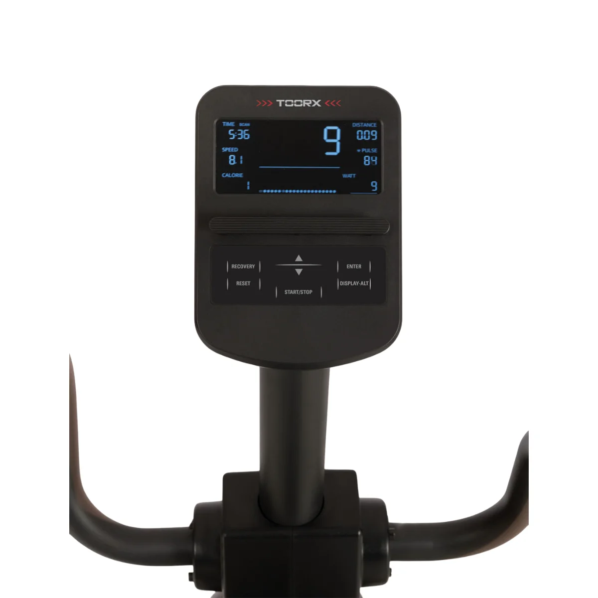 Exercise bike console displaying workout stats: time, speed, calories, and watt.  Also has control buttons.