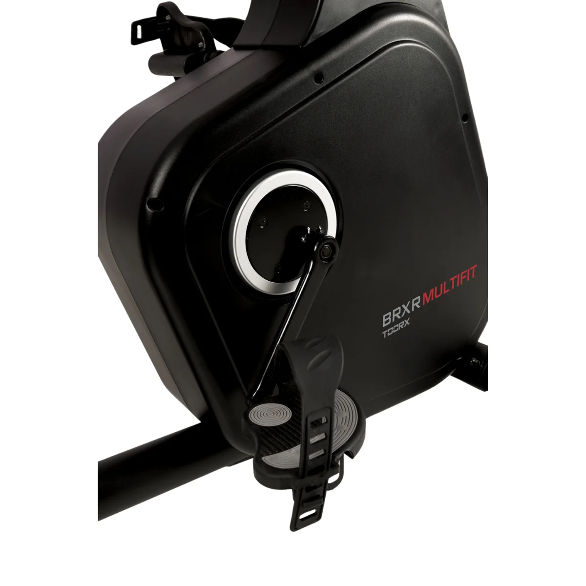 Black exercise bike showing the wheel, pedals, and a section of the machine's body.
