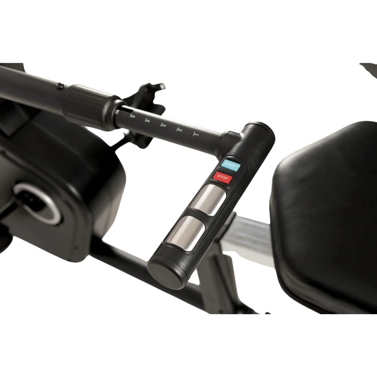 Close-up of a rowing machine's control panel with buttons.