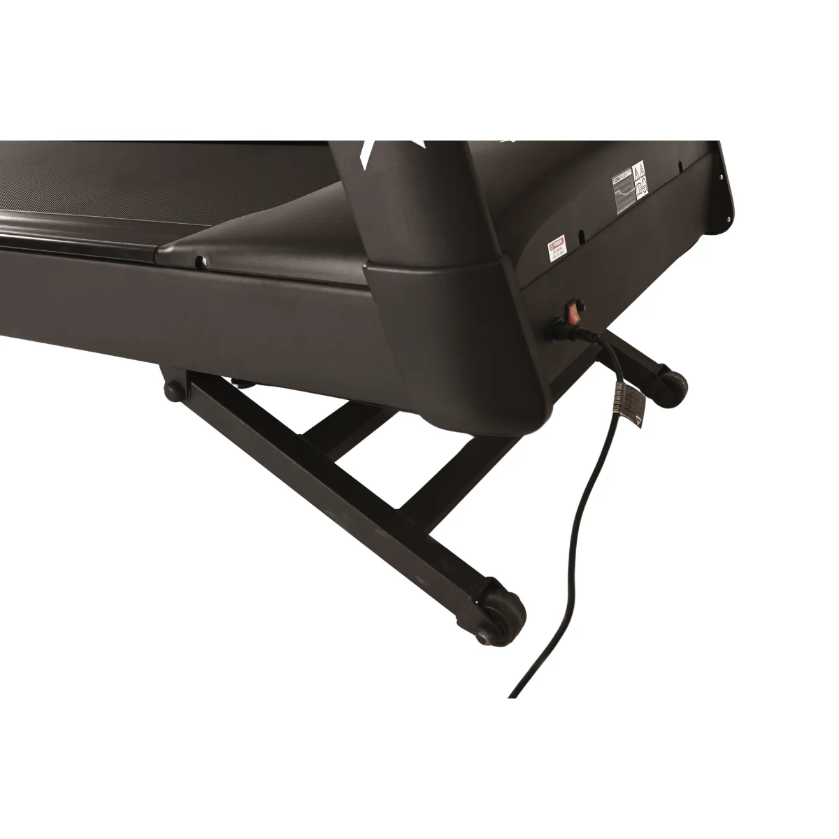 A treadmill's black base with the power cord and wheels visible.