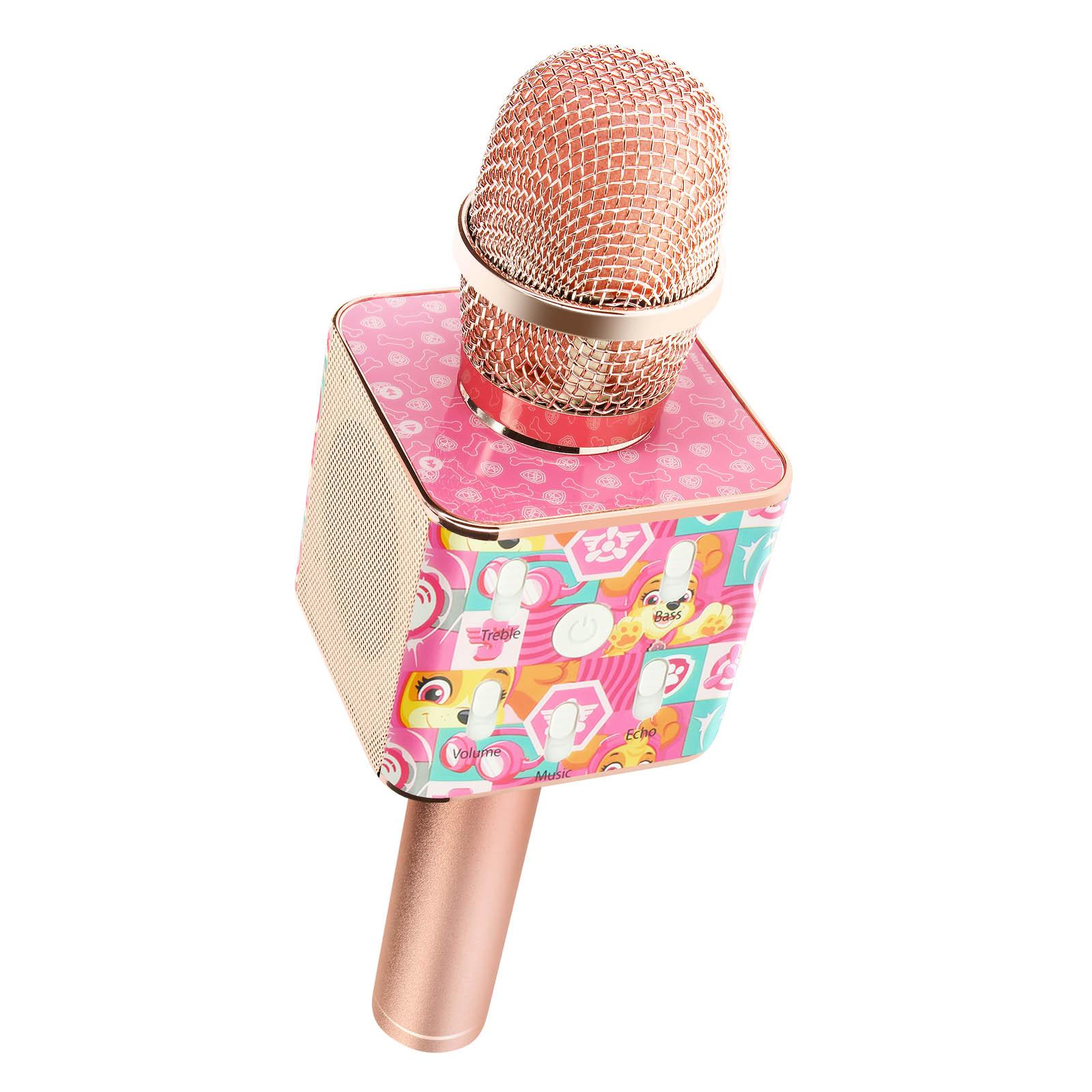 Różowo-złoty mikrofon do karaoke z przyciskami sterowania. Ma siatkową głowicę mikrofonu.