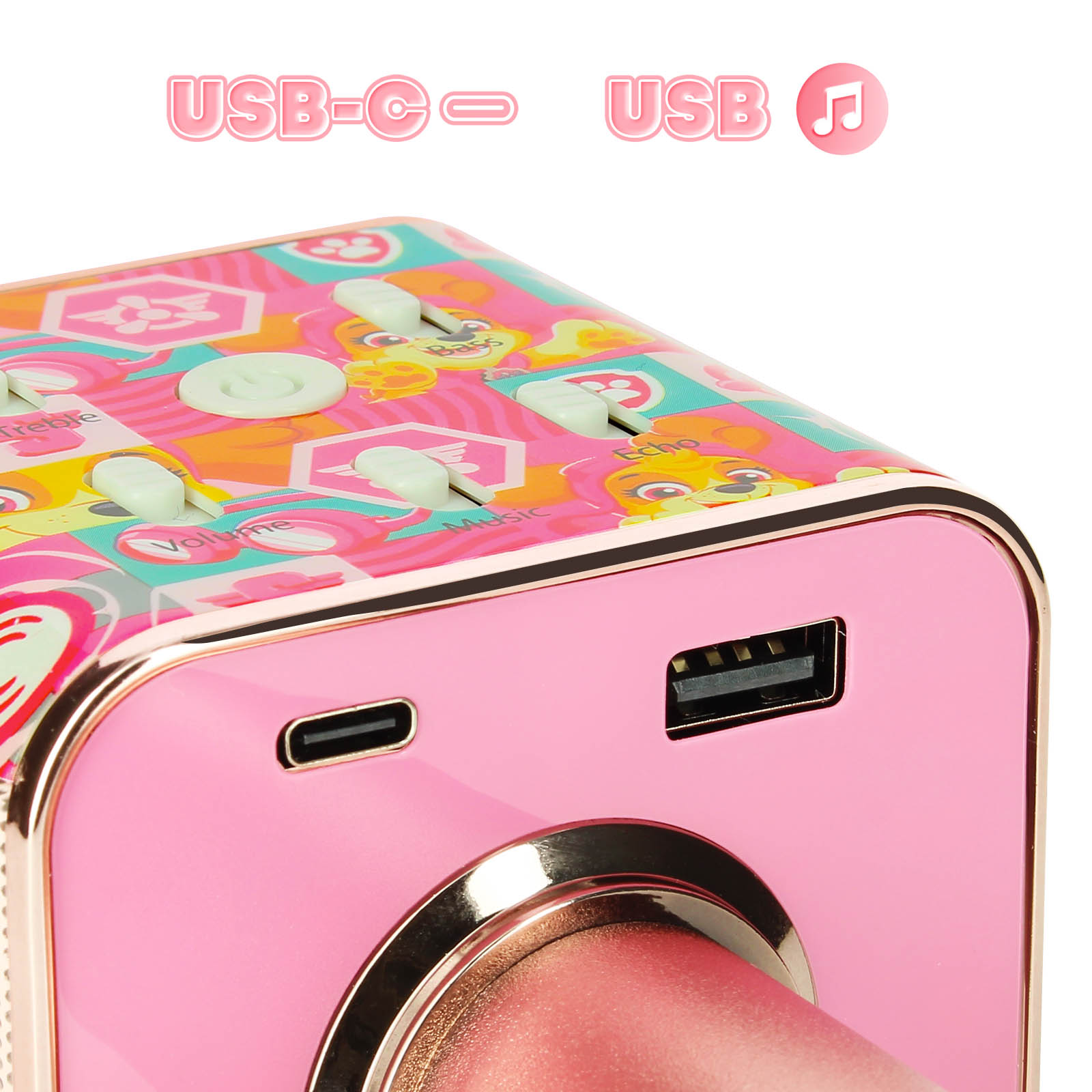 Różowa maszyna do karaoke. Widoczne porty USB-C i USB. Przyciski sterowania na górze.