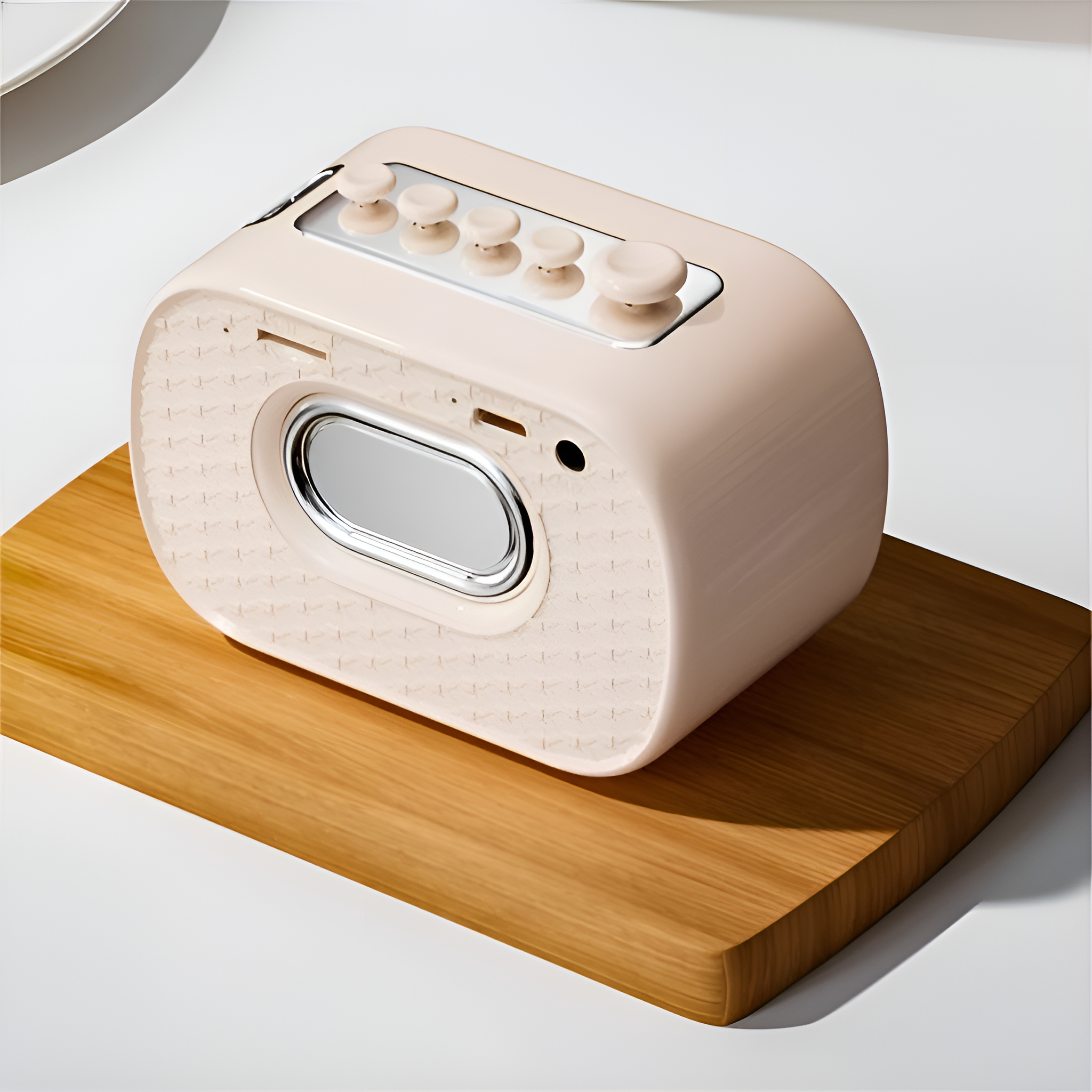 Ein kleines, rosa Radio mit Knöpfen auf einem Holzbrett.
