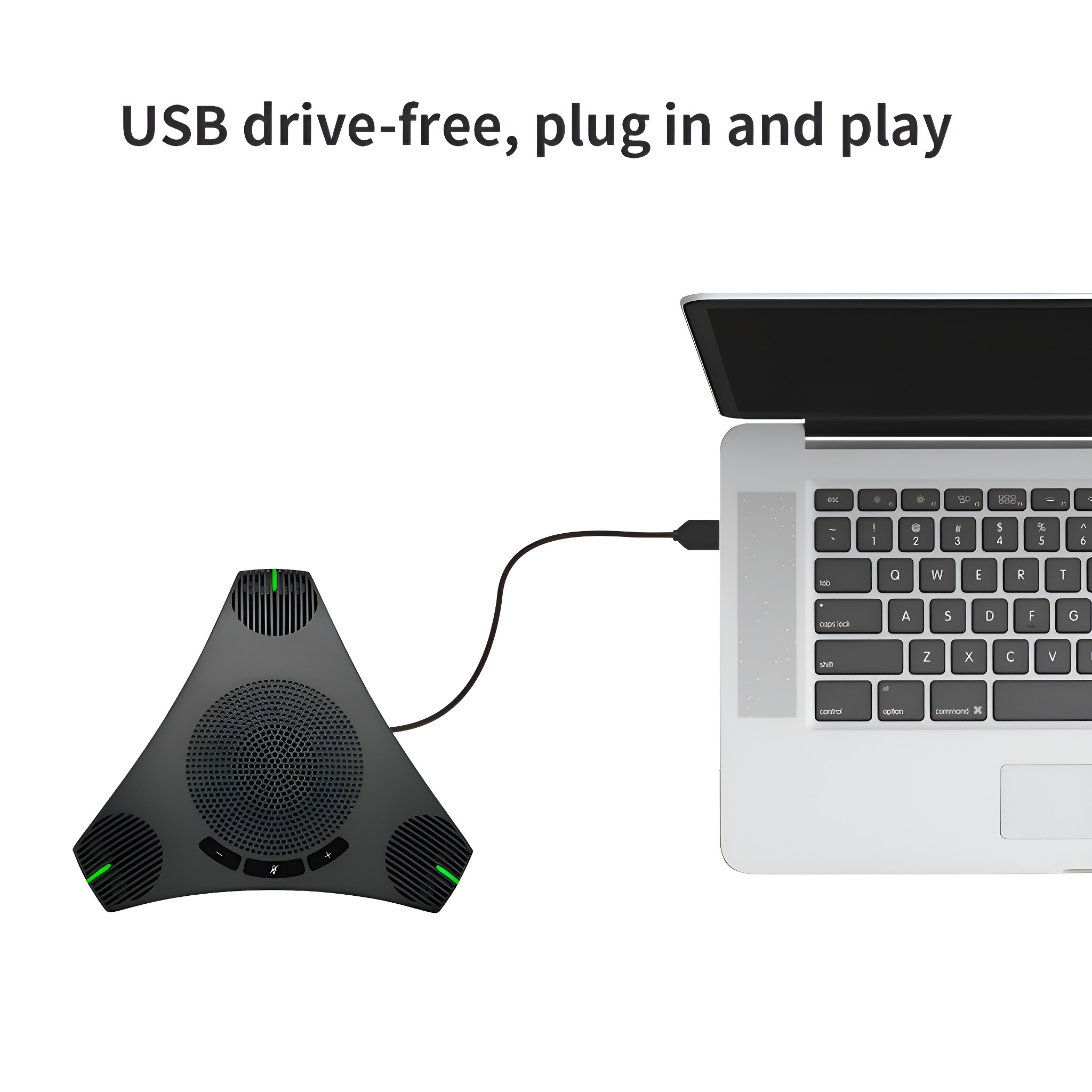 Ein schwarzes Konferenzmikrofon, das über ein schwarzes Kabel mit einem Laptop verbunden ist. Text: USB-Laufwerk-frei, Plug & Play.
