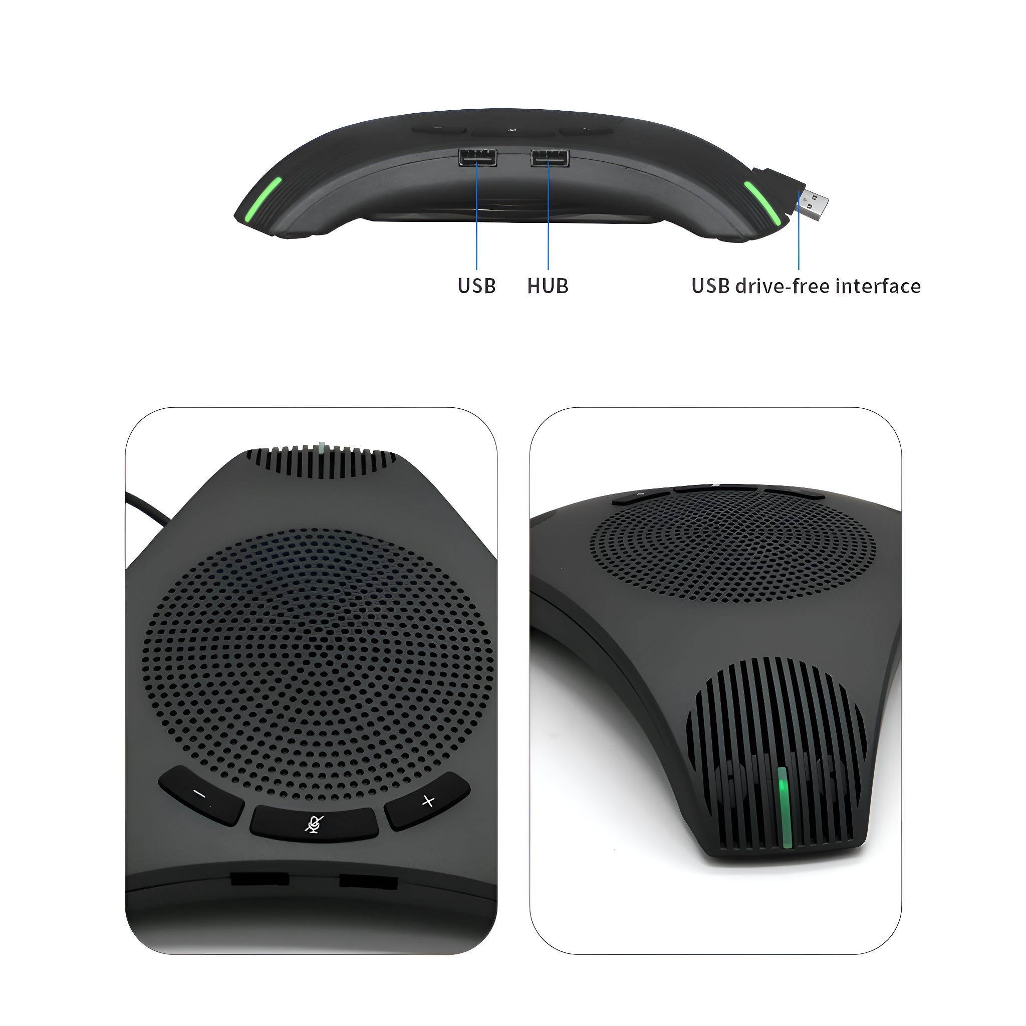 Konferenztelefon, dunkelgrau. USB-Anschlüsse, Hub und Schnittstellen.
