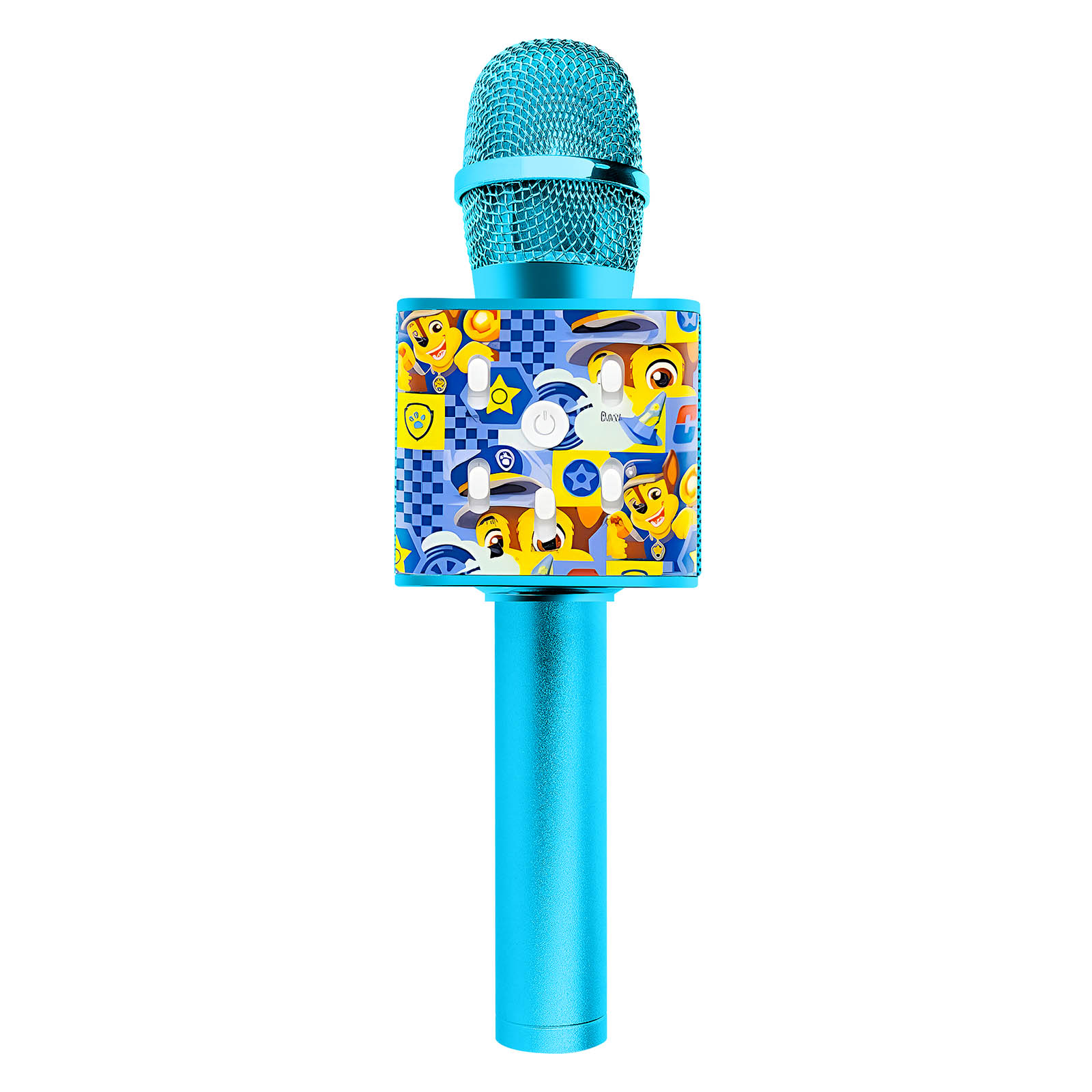 Niebieski mikrofon do karaoke z kolorowym wzorem Paw Patrol. Niebieski korpus i niebieska siatkowa głowica.