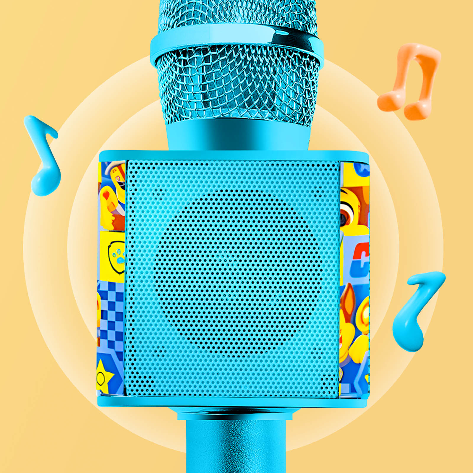 Niebieski mikrofon do karaoke z głośnikiem we wzory, otoczony dekoracjami nut muzycznych.