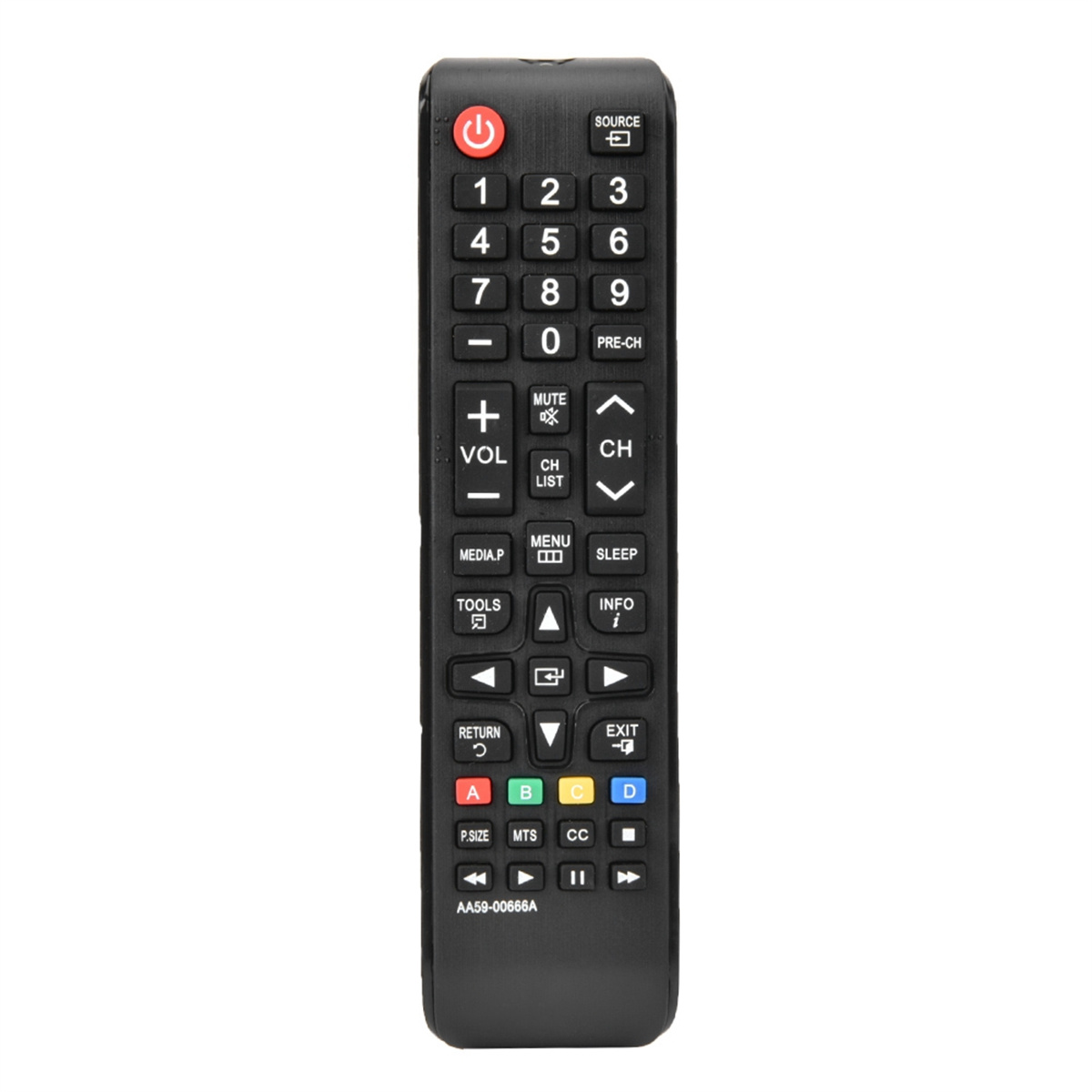 Schwarze TV-Fernbedienung mit vielen Tasten. Sie hat Strom-, Lautstärke-, Kanal- und andere Funktionstasten.