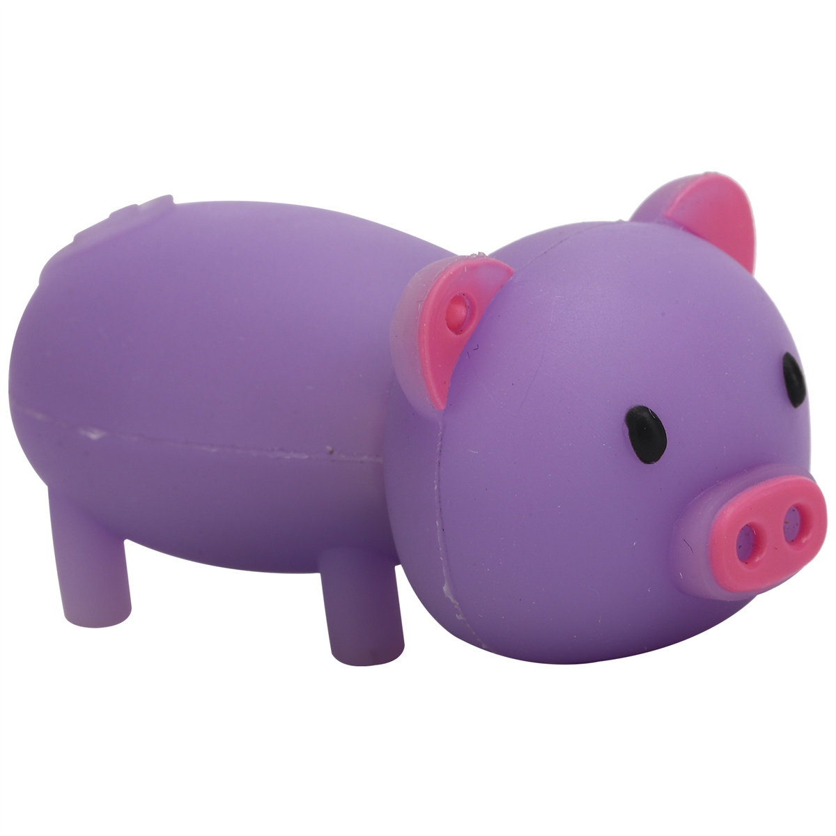 Ein lila Schweinespielzeug mit rosa Ohren und Schnauze. Es steht auf weißem Hintergrund.