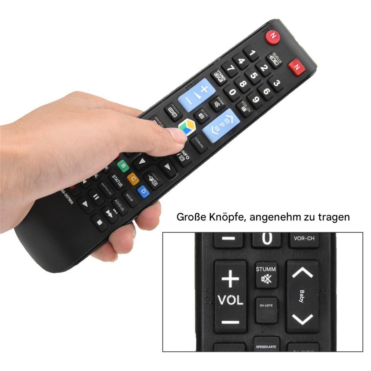 Hand hält eine schwarze TV-Fernbedienung. Es zeigt die Vorderseite und eine Nahaufnahme der Tasten.