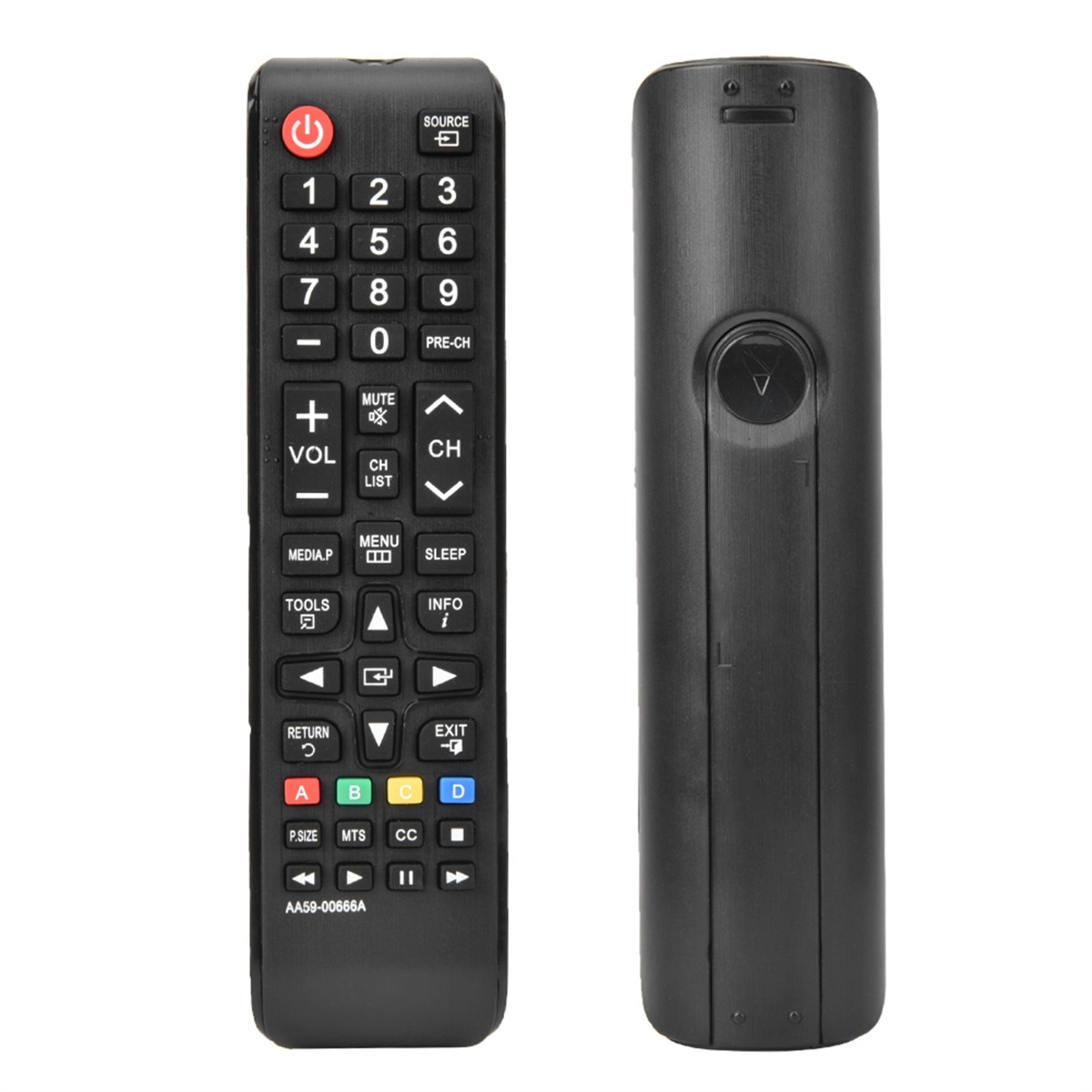 TV-Fernbedienung mit Knöpfen und Zahlen. Sie ist schwarz.