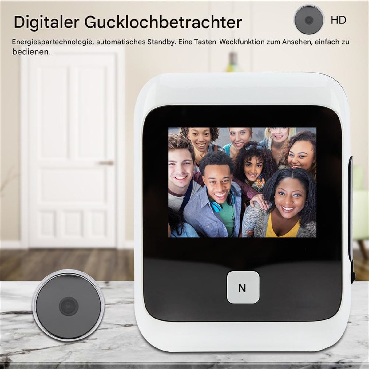 Ein digitaler Türspion, der eine Gruppe von Personen anzeigt. Der Betrachter hat ein schwarz-weißes Design.
