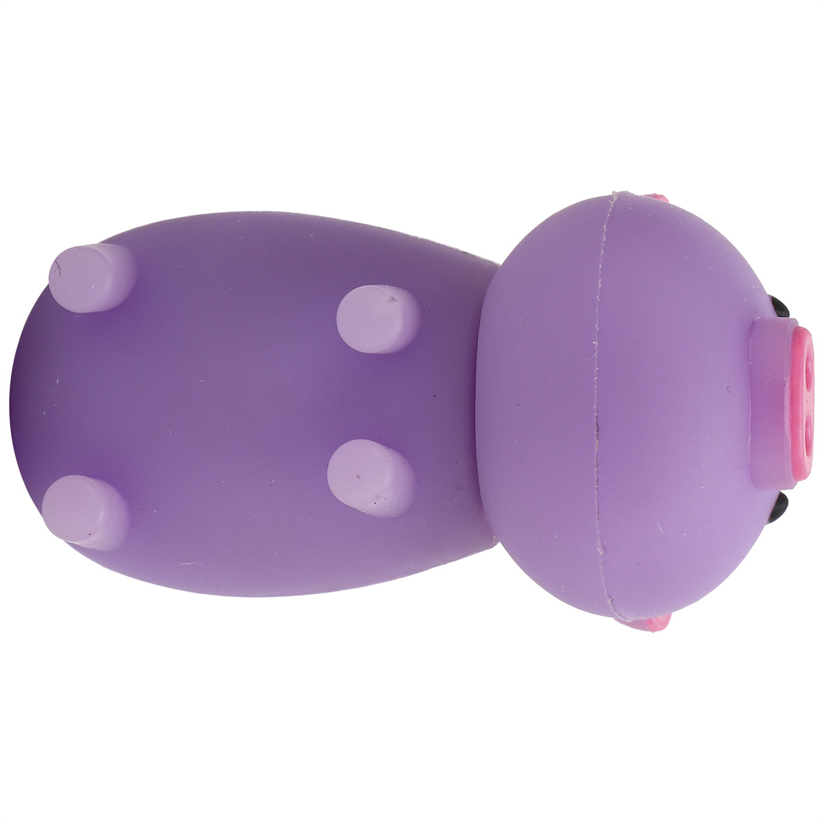 Lila Schweinespielzeug, vier weiße Füße, rosa Schnauze, einfaches Design.