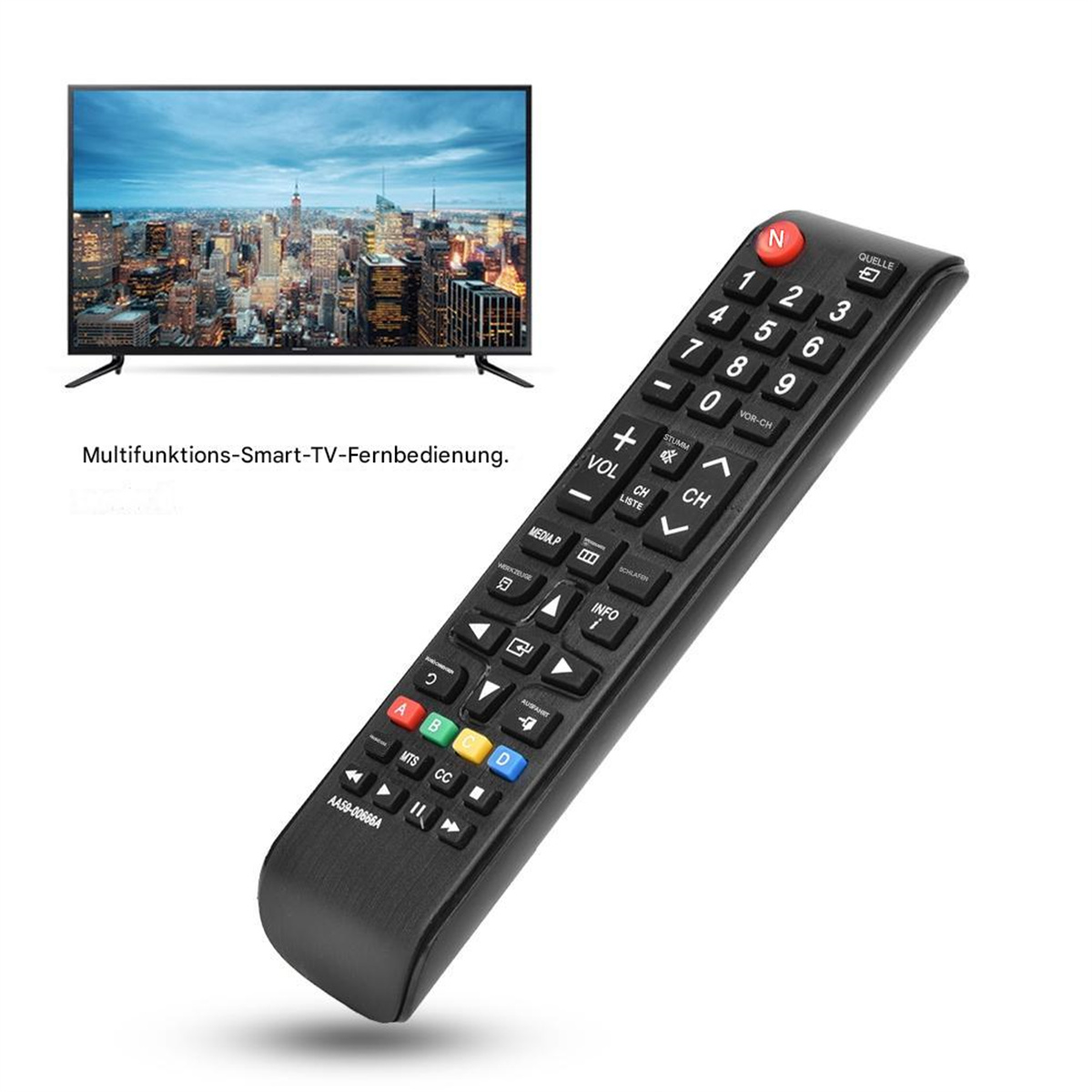 Schwarze Fernbedienung mit vielen Knöpfen. TV- und Stadt-Hintergrund.