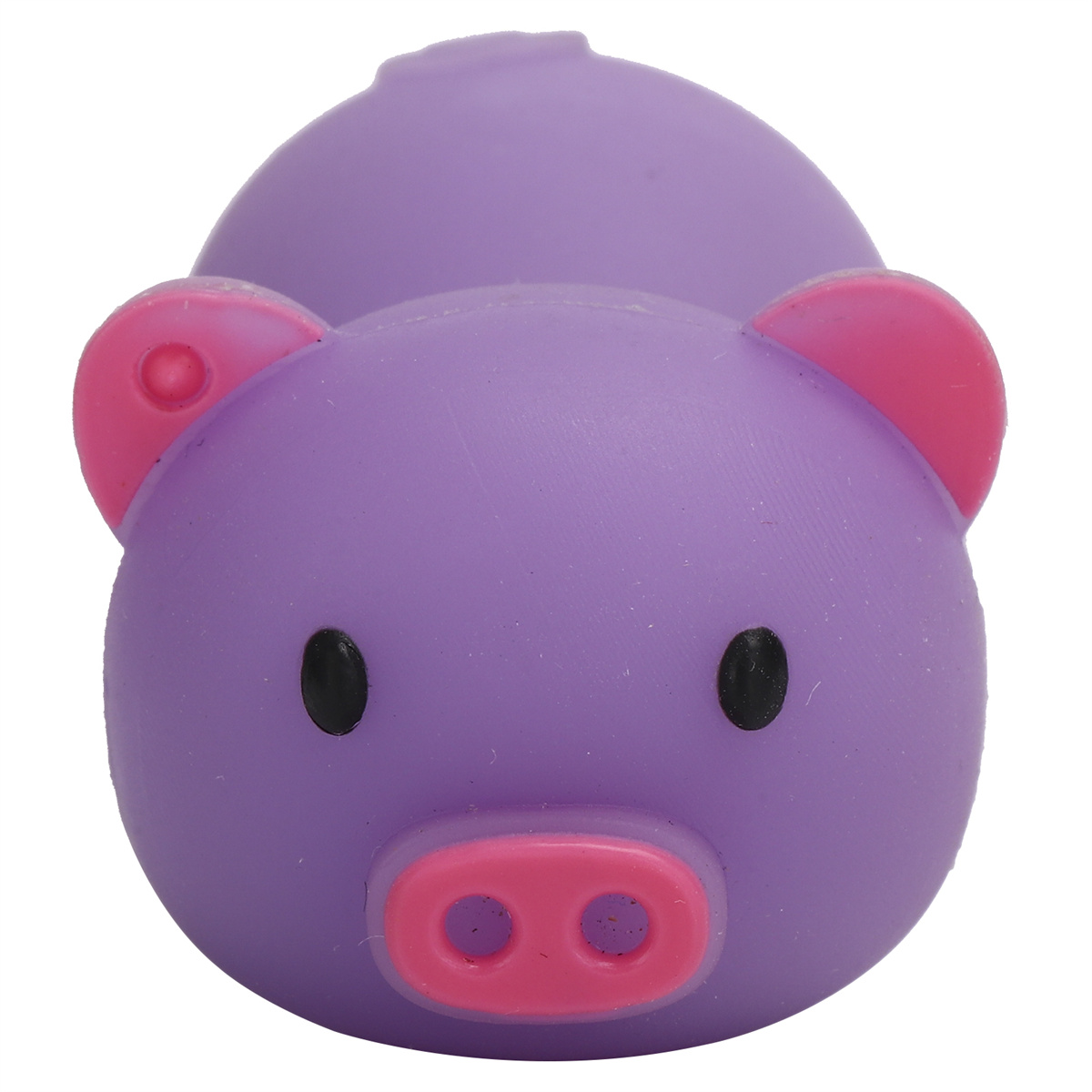 Lila Schweinespielzeug mit rosa Ohren, Schnauze und schwarzen Augen, auf weißem Grund.