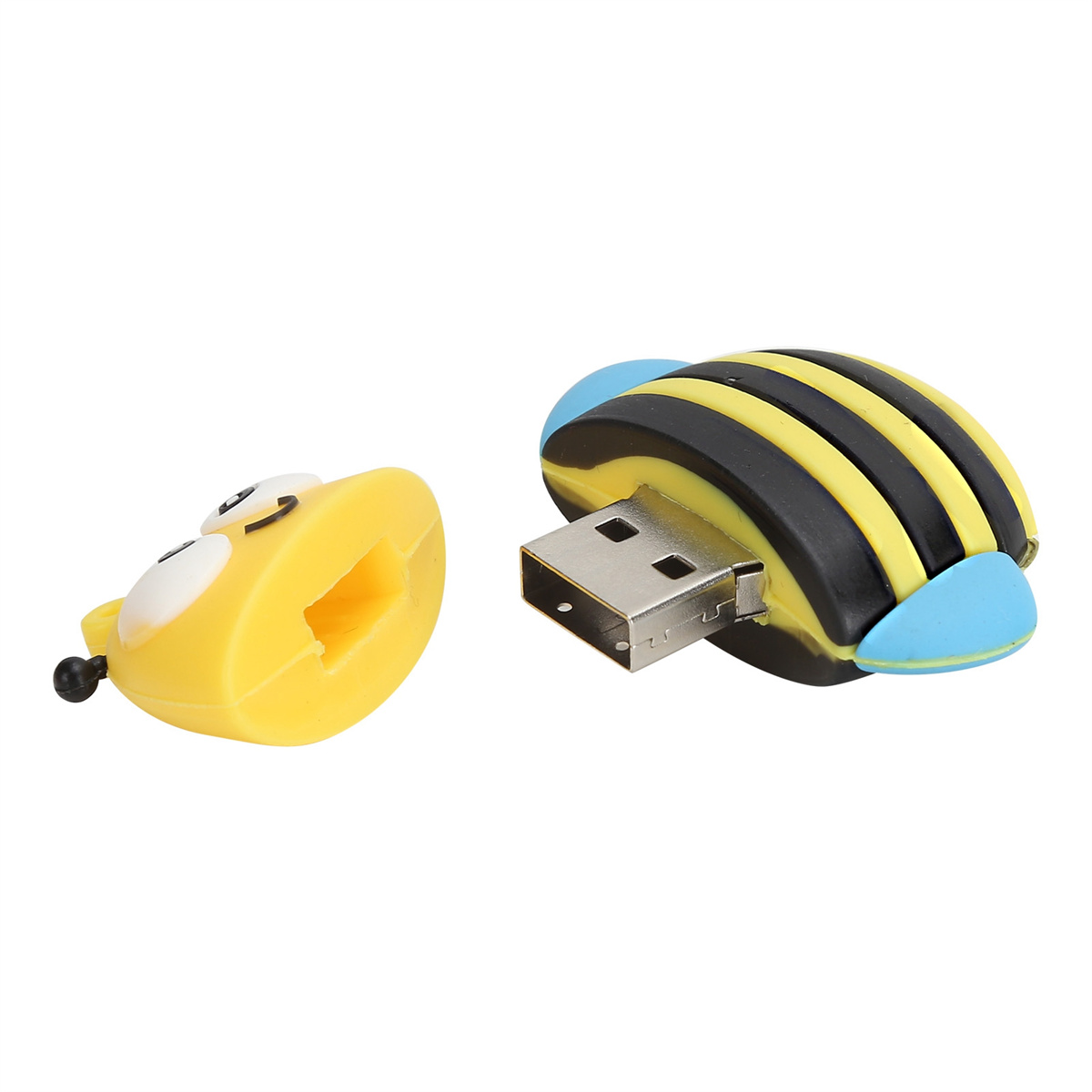 USB-Stick in Form einer Biene. Der Stick ist gelb und schwarz. Weißer Hintergrund.