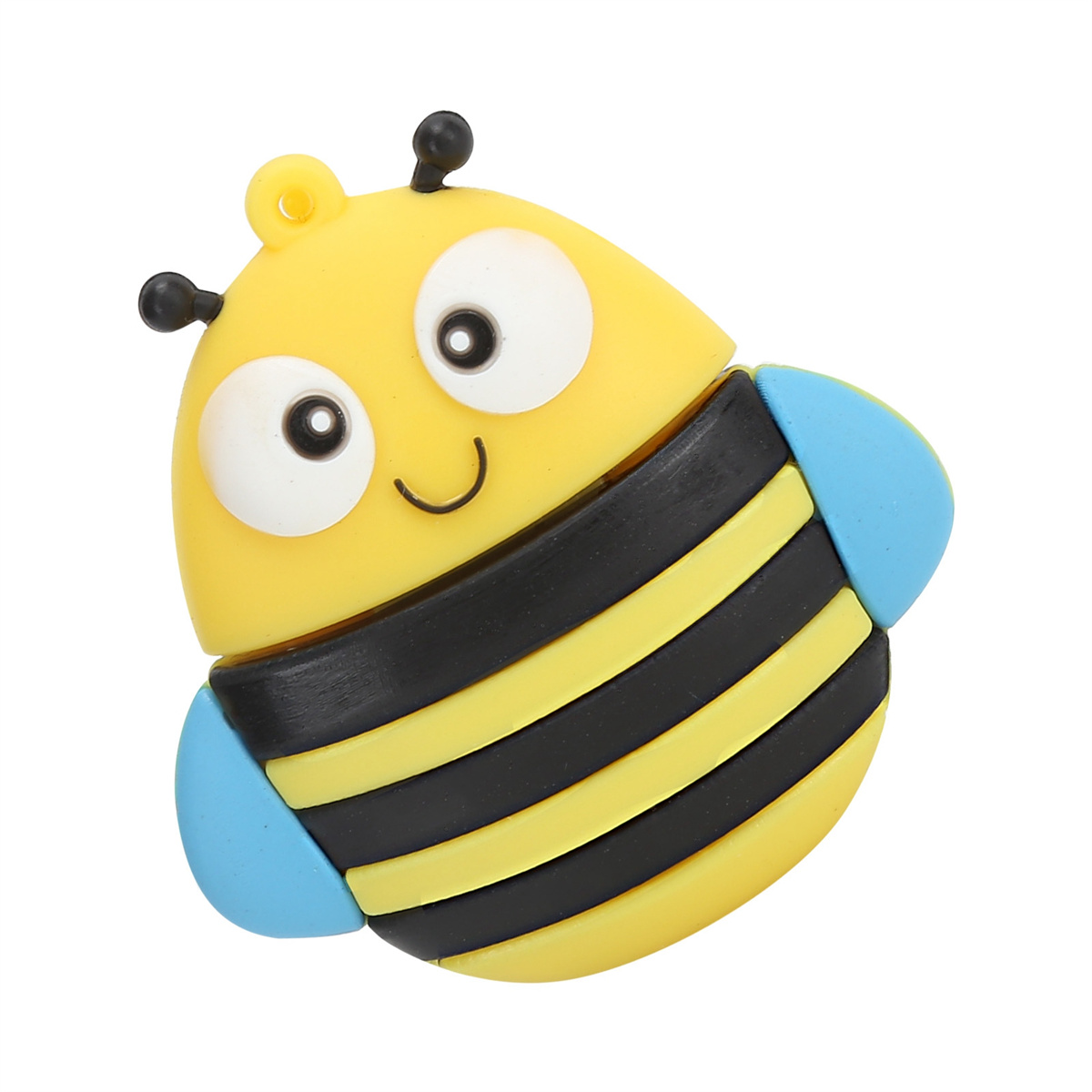 Ein gelber, bienenförmiger USB-Stick mit schwarzen Streifen und blauen Flügeln, lächelndes Gesicht.