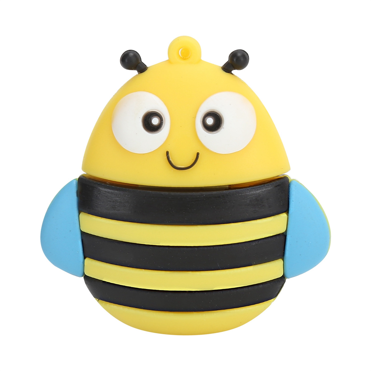 Gelber USB-Stick in Bienenform mit schwarzen Streifen und blauen Flügeln.