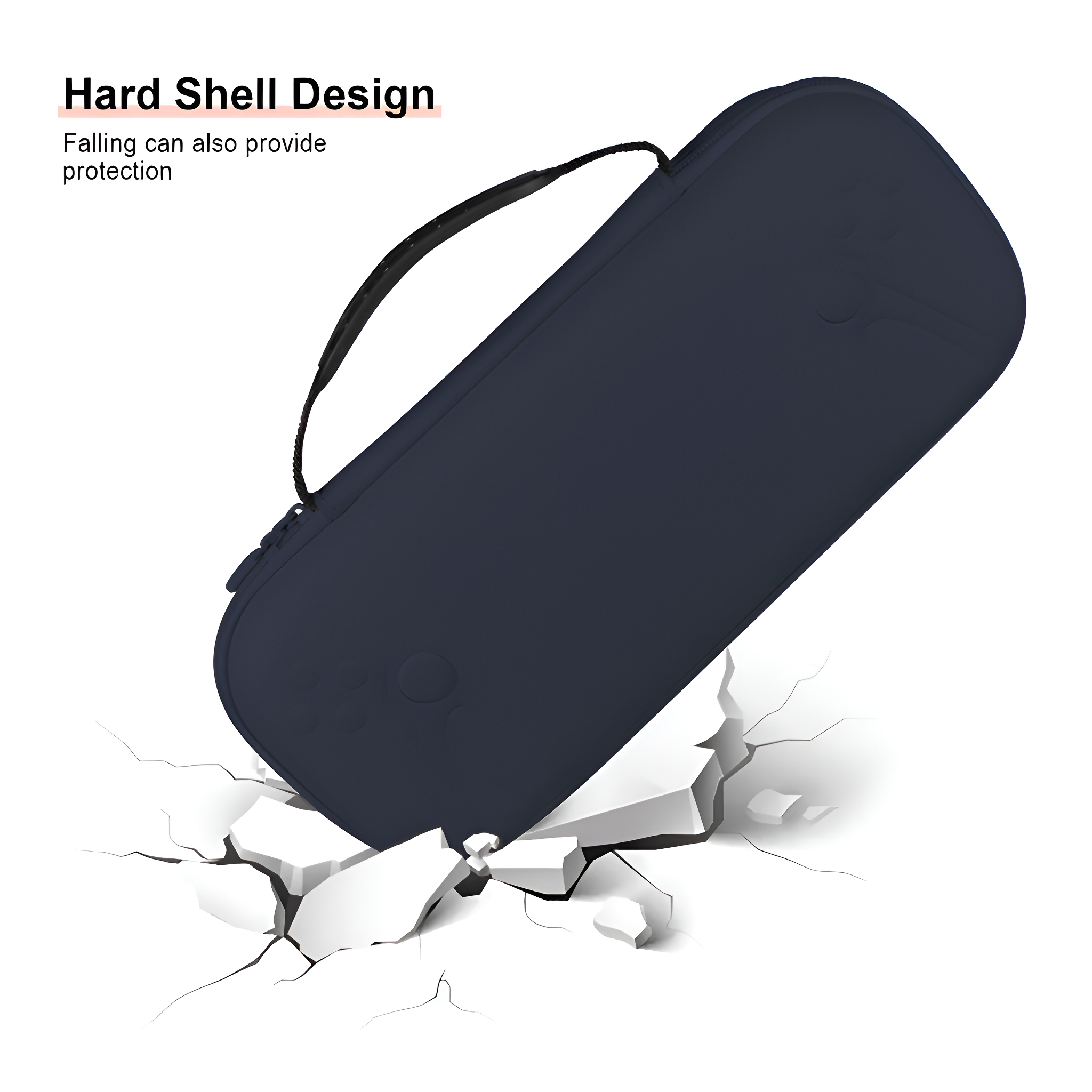Ein marineblauer Koffer fällt auf einen rissigen Boden, darüber steht 'Hard Shell Design'.