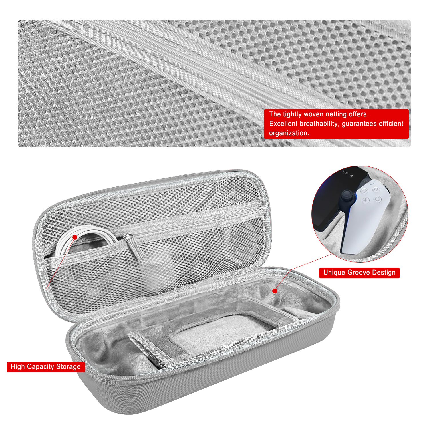 Eine graue Tragetasche mit Reißverschluss, Netztasche und einem Gerät mit Kabeln.
