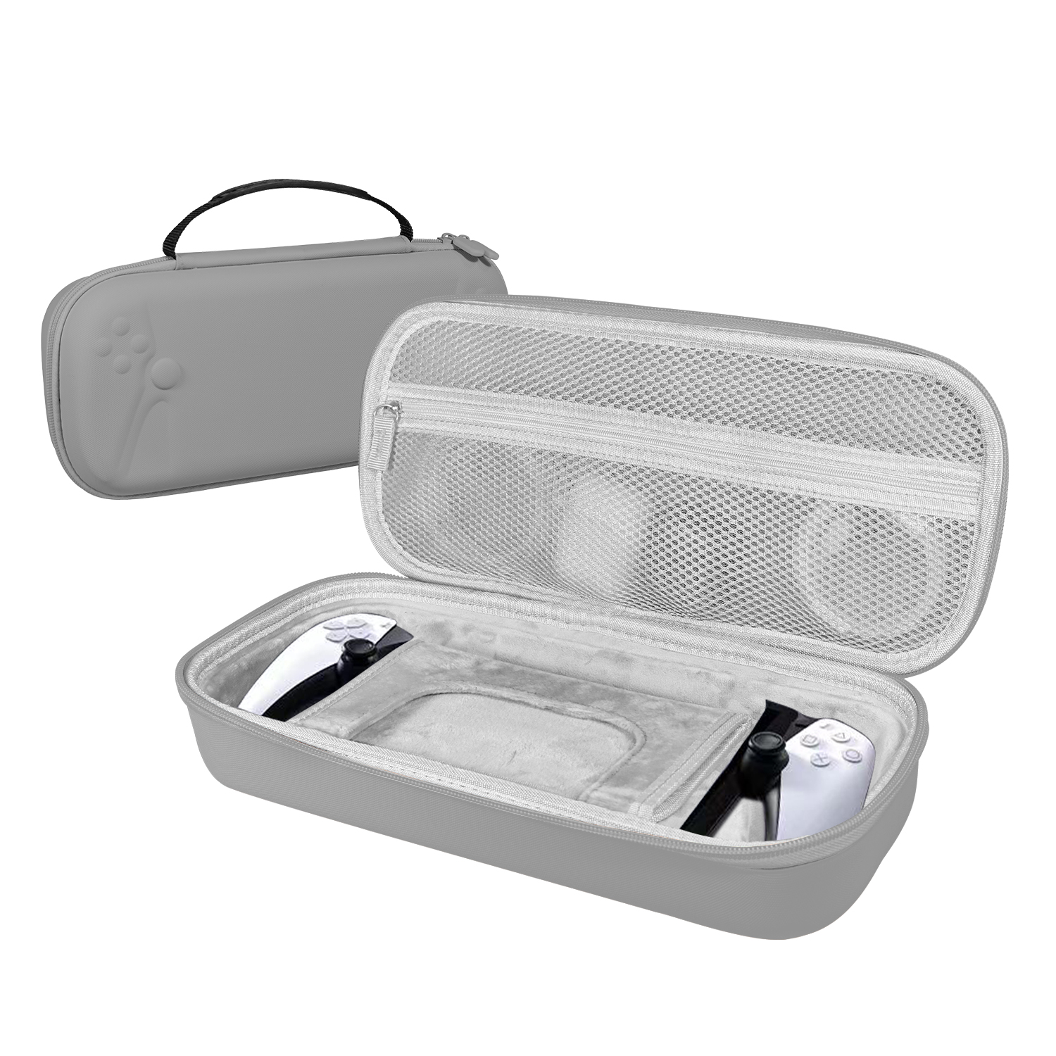 Graue Tragetasche. Geöffnete Tasche zeigt zwei Controller und eine Netztasche. Weißer Hintergrund.
