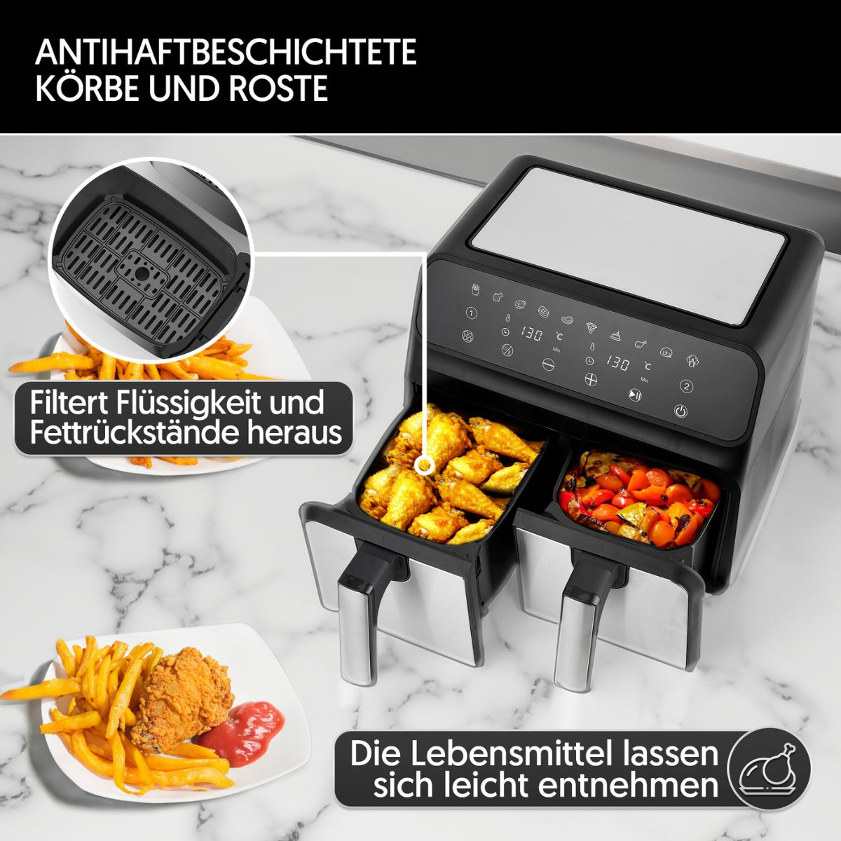 Heißluftfritteuse mit Essen, Textetiketten und Edelstahl.