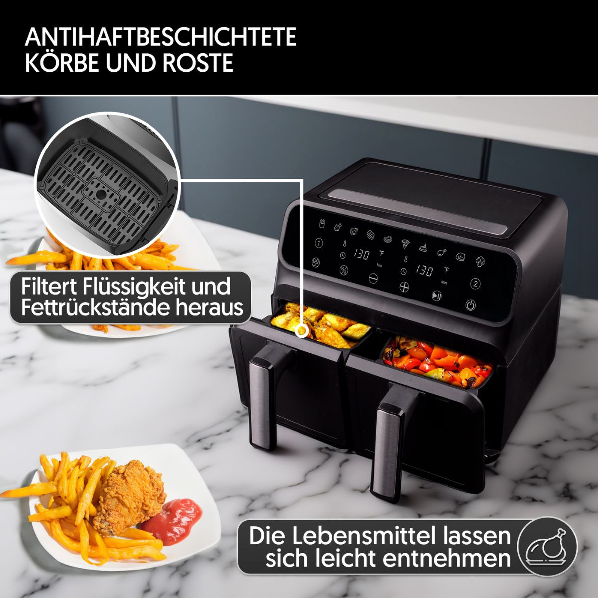 Schwarze Heißluftfritteuse mit zwei Fächern, die gebratene Speisen und Textbeschriftungen zeigt.