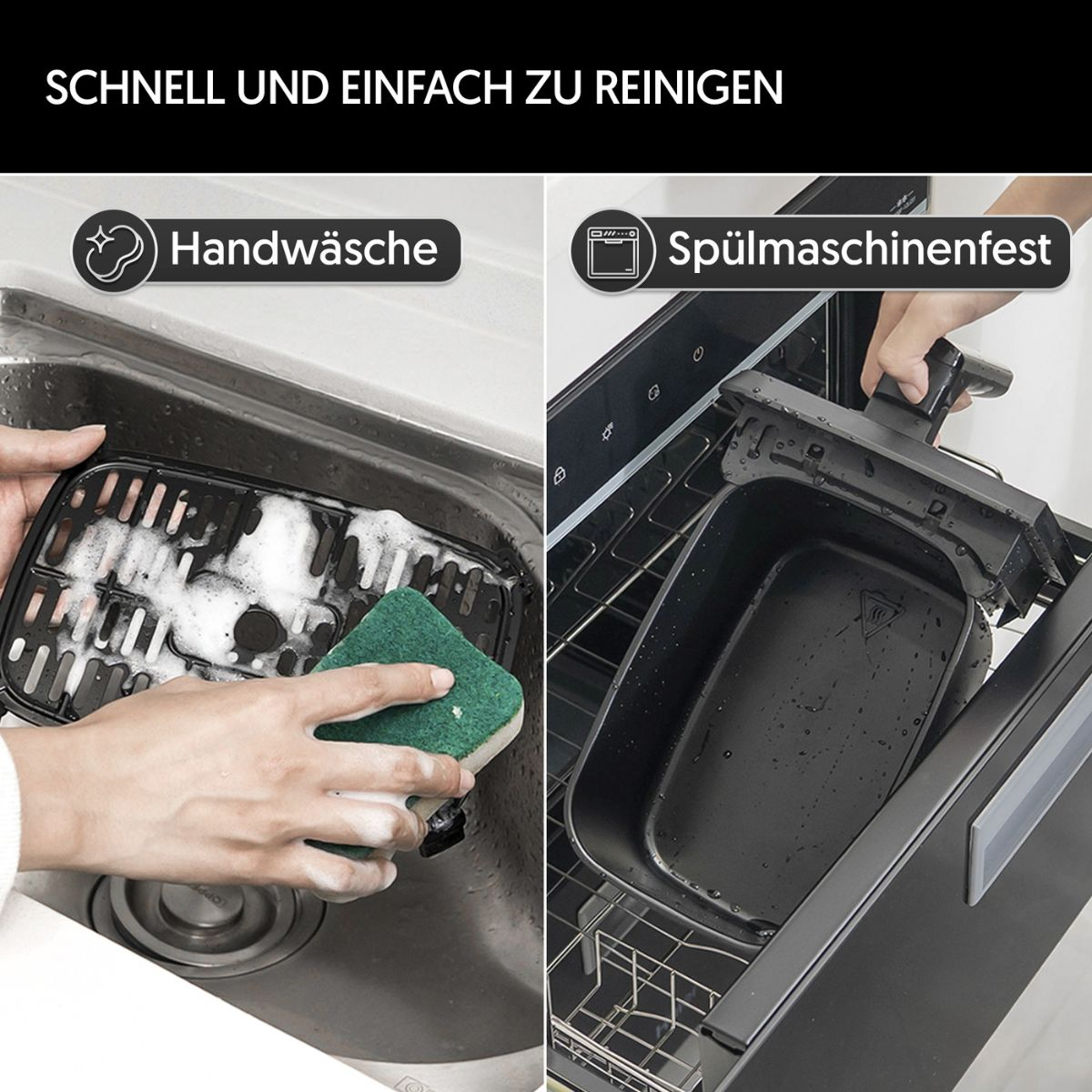 Bild zeigt Händewaschen und Geschirrspülen. Text sagt: schnell und einfach zu reinigen.