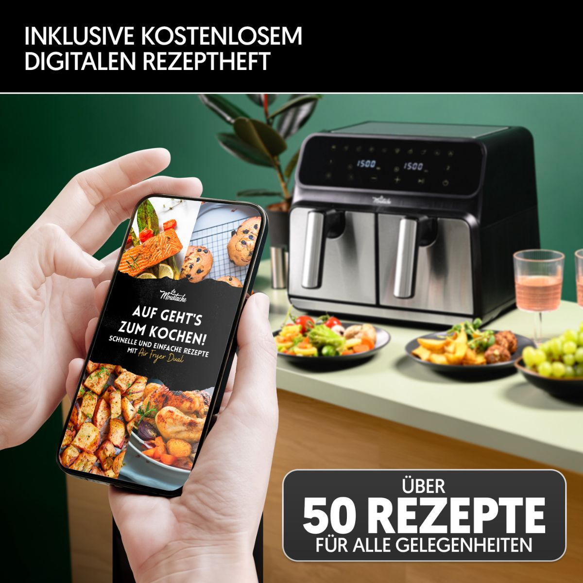 Handy-Bildschirm zeigt Rezepte, Heißluftfritteuse, Essen und Text.