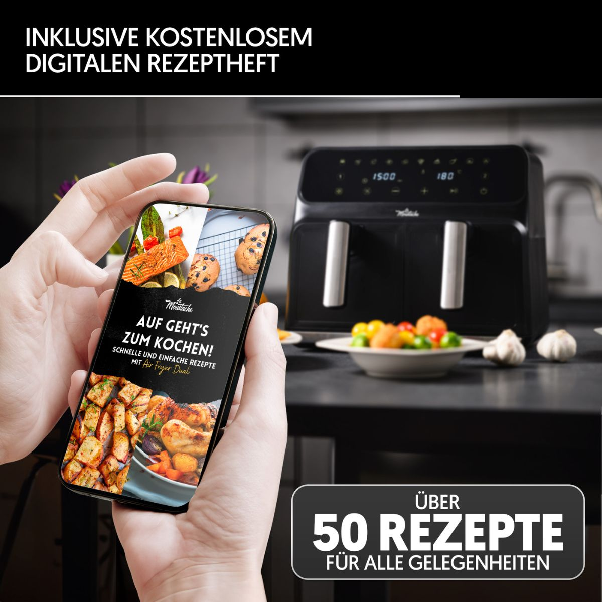 Handy mit Rezept-App, Heißluftfritteuse und Zutaten auf der Küchentheke.