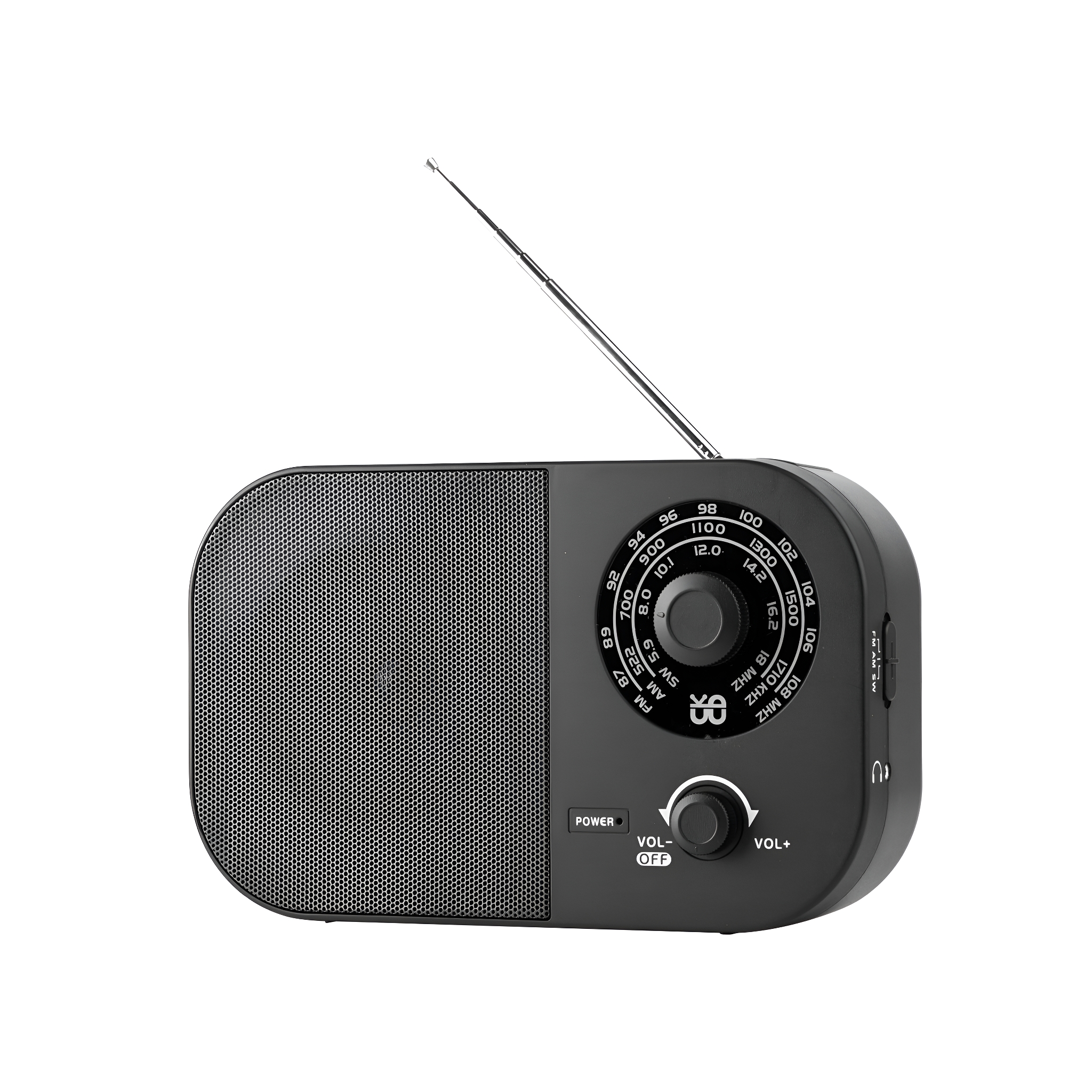 Schwarzes tragbares Radio mit einem Drehwähler, Lautsprecher und Antenne. Die Marke ist TB.