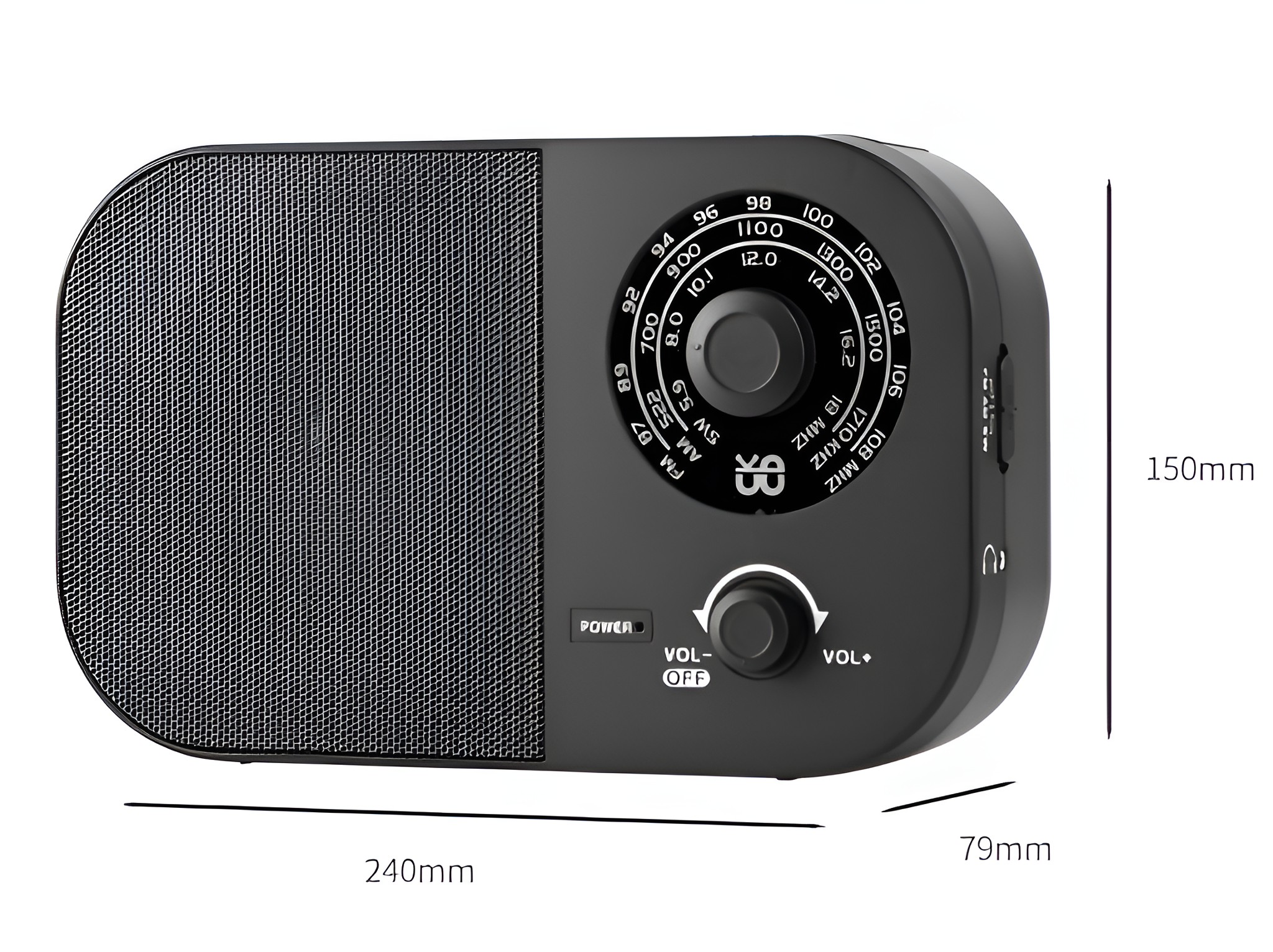 Schwarzes Retro-Radio mit Lautsprecher, Lautstärkeregler und Abstimmrad.