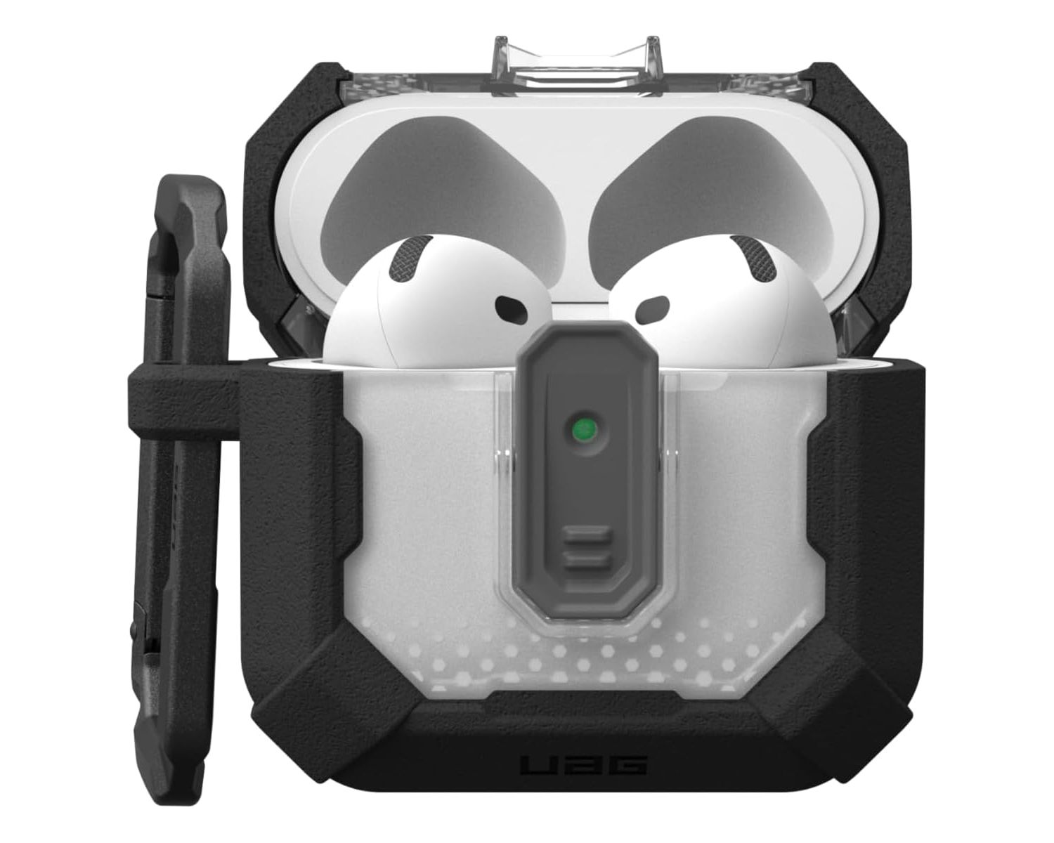 Otwarta czarna i szara obudowa AirPods z białymi AirPods w środku. Czarny karabinek jest przymocowany z boku.