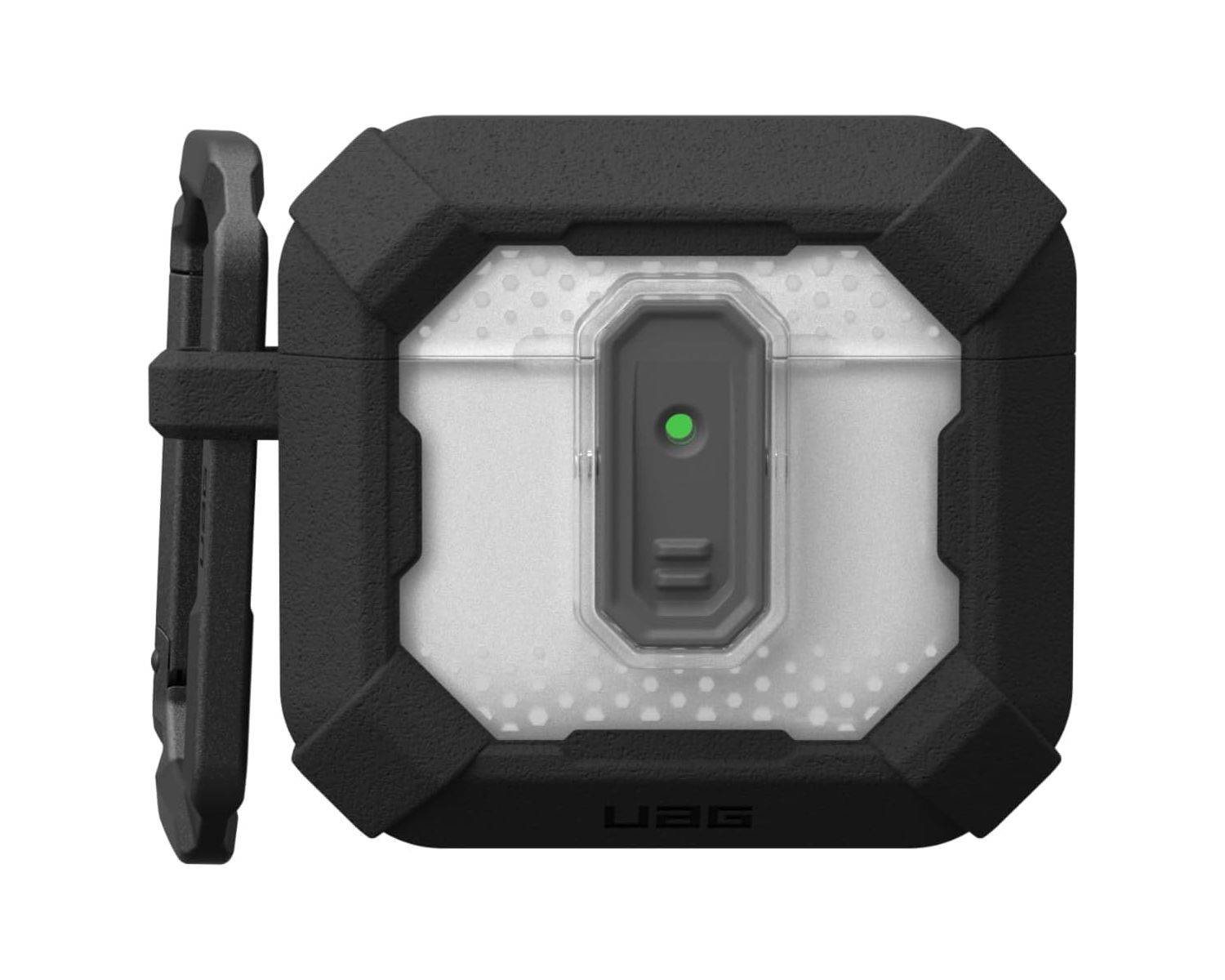 Czarne i szare etui na AirPods z karabińczykiem. Ma przezroczysty panel przedni.