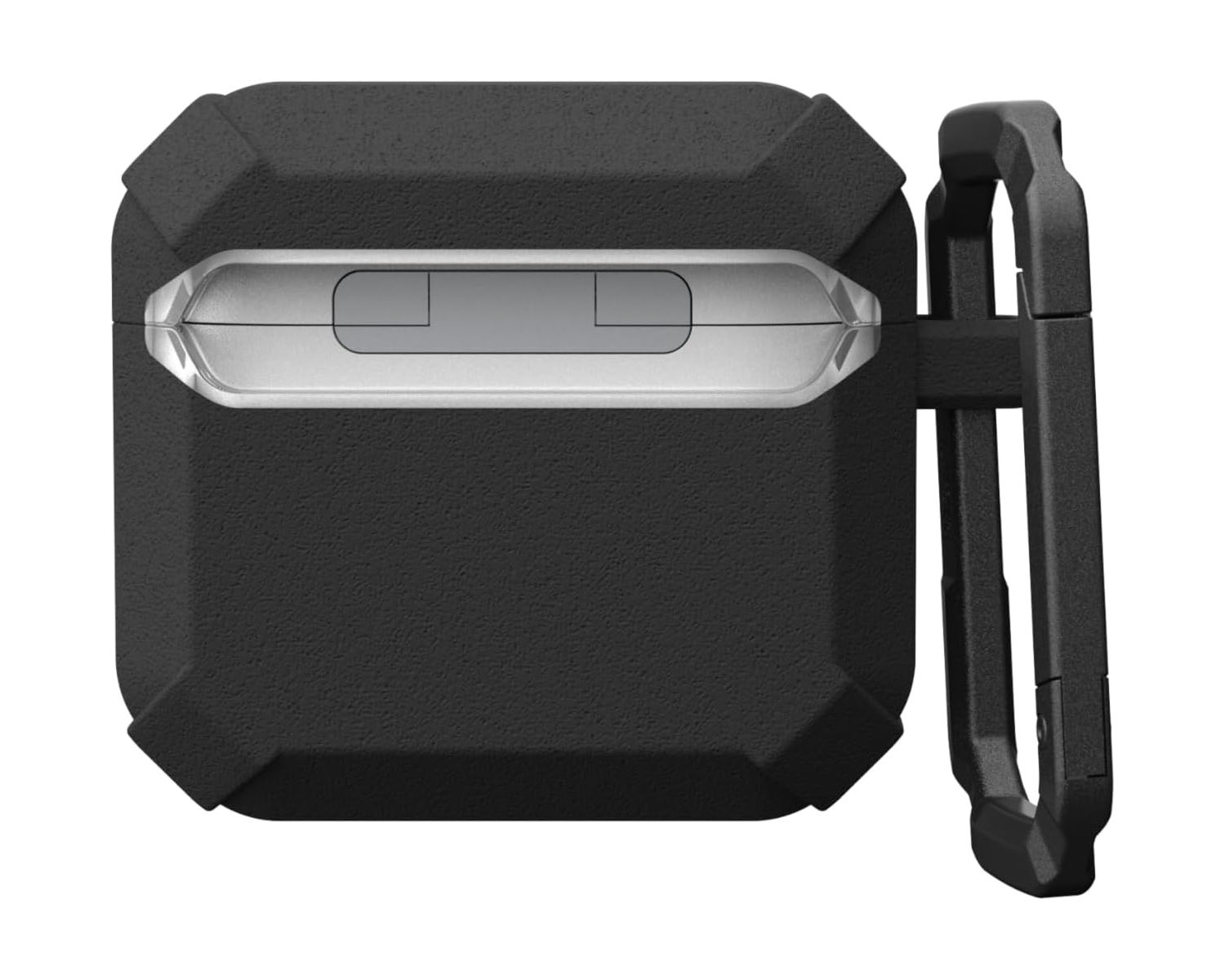 Czarne etui na AirPods ze srebrnym zawiasem i czarnym klipsem. Etui ma teksturowany wygląd.