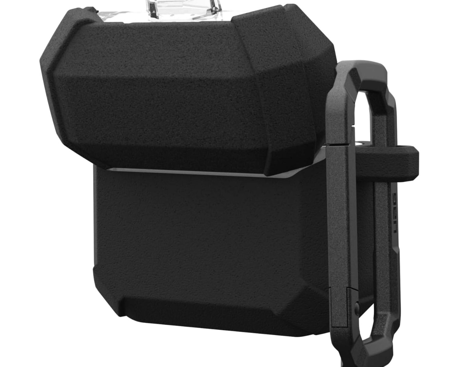Czarna, teksturowana obudowa ochronna do słuchawek AirPods. Ma zatrzask i klips.