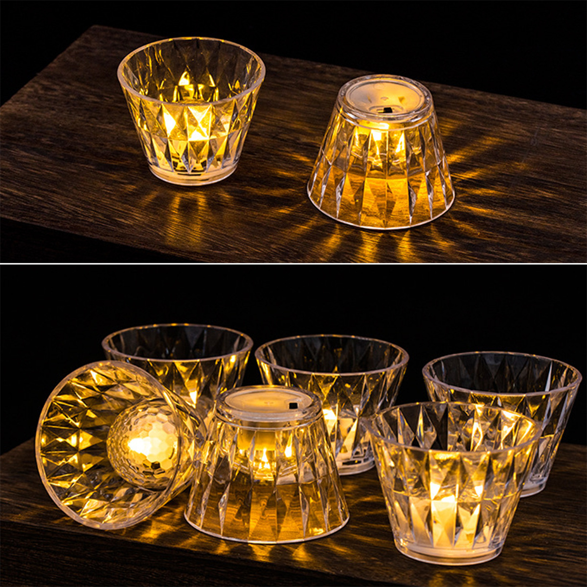 Klare, facettierte Glaskerzenhalter. Einige haben Lichter, andere nicht, auf dunkler Holzfläche.